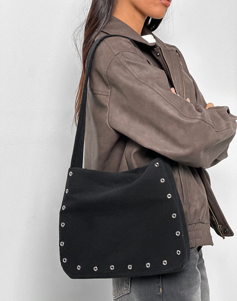 Gundar Eyelet Bag in Babycord Black-Nico Sky