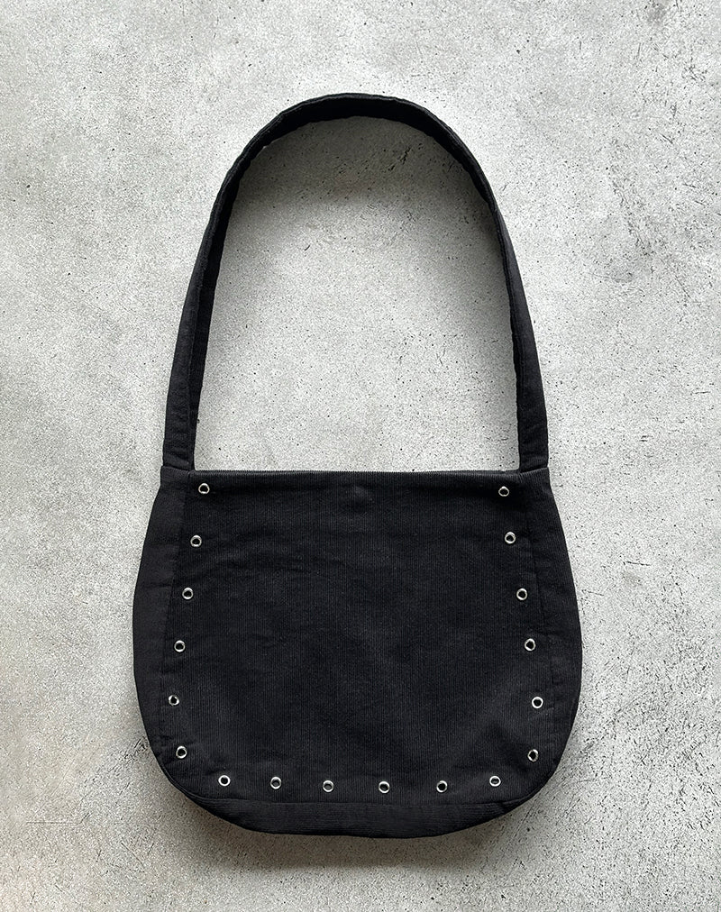 Gundar Eyelet Bag in Babycord Black-Nico Sky