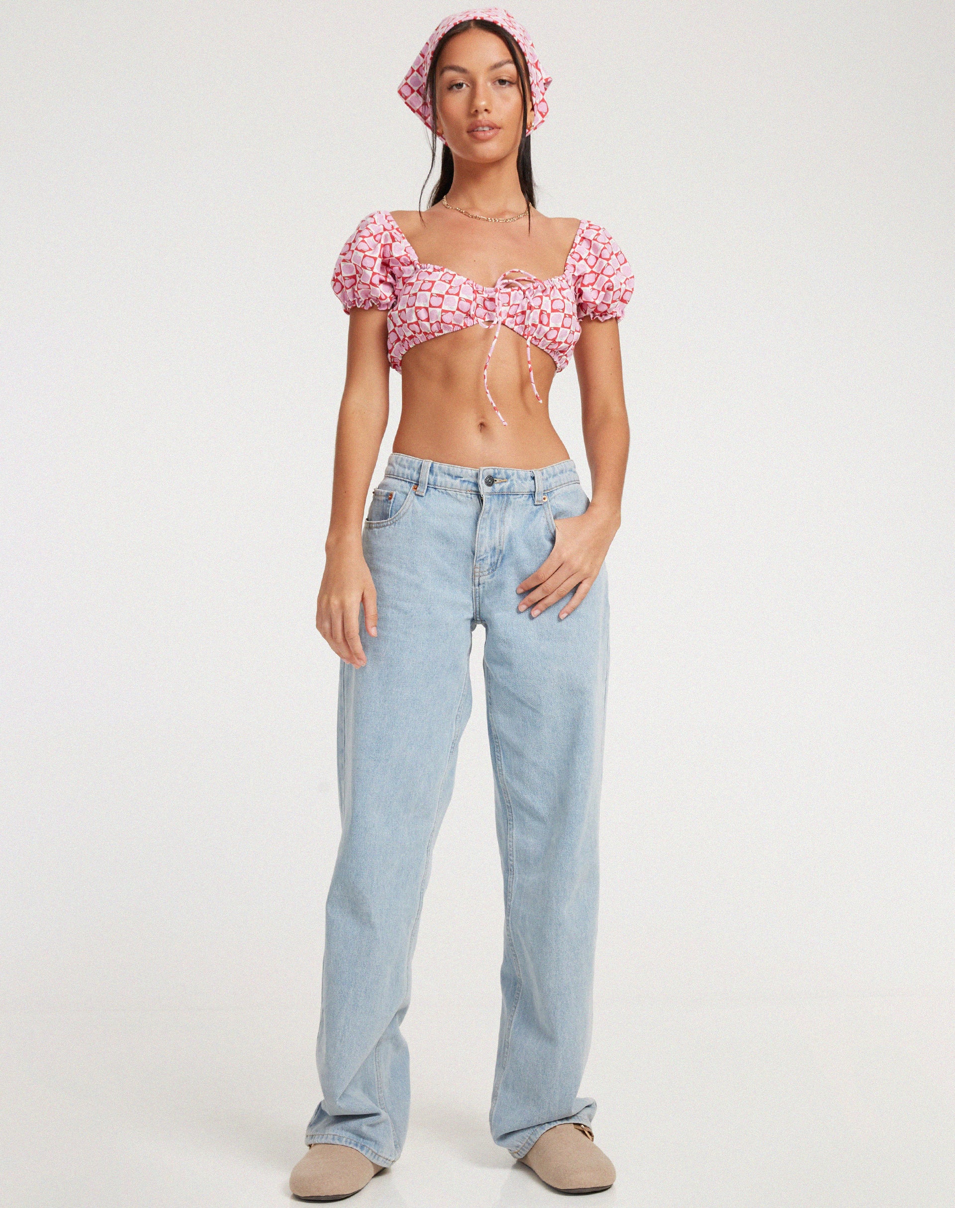 Haenji Crop Top in Apple Check Blush Red-Nico Sky
