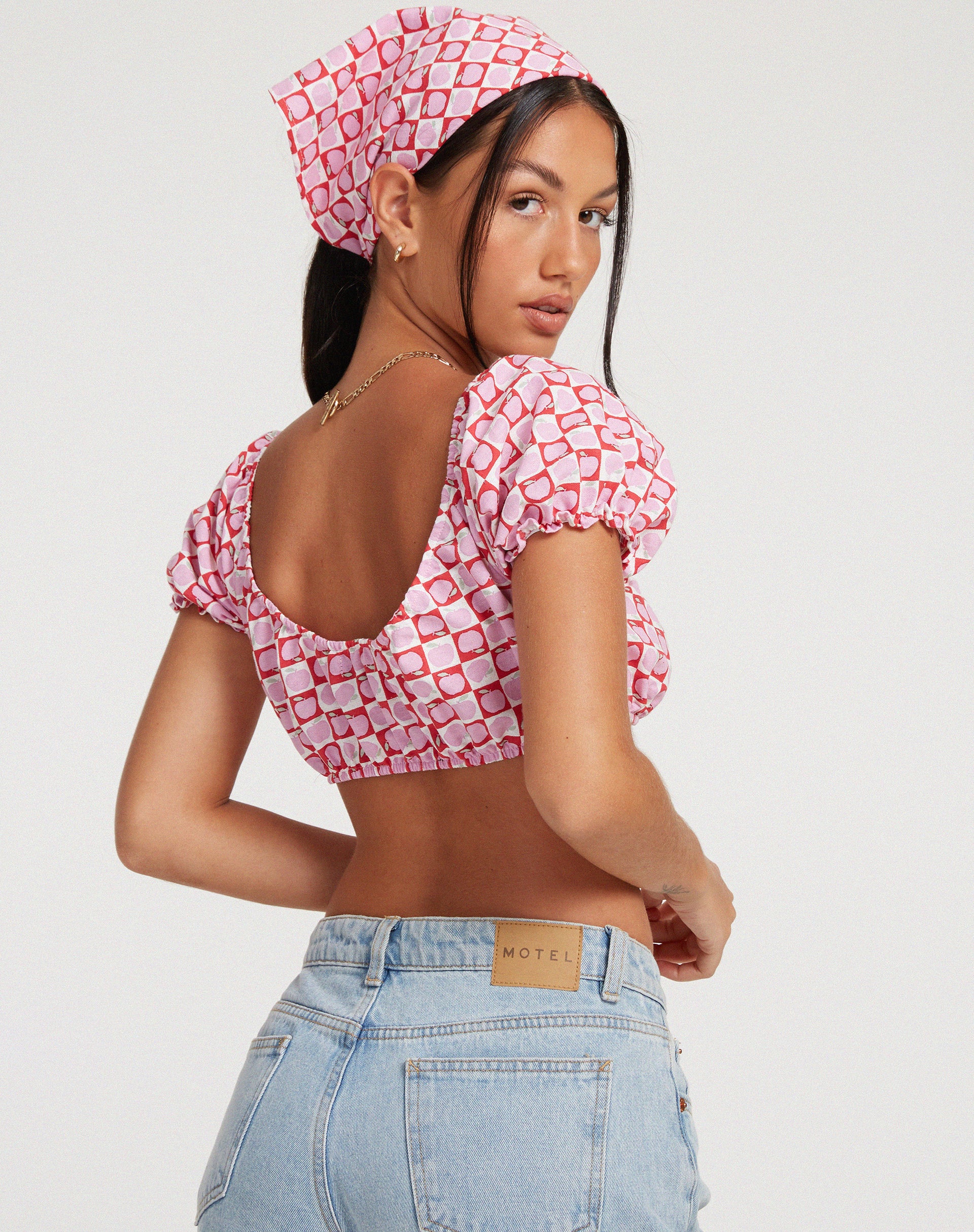 Haenji Crop Top in Apple Check Blush Red-Nico Sky