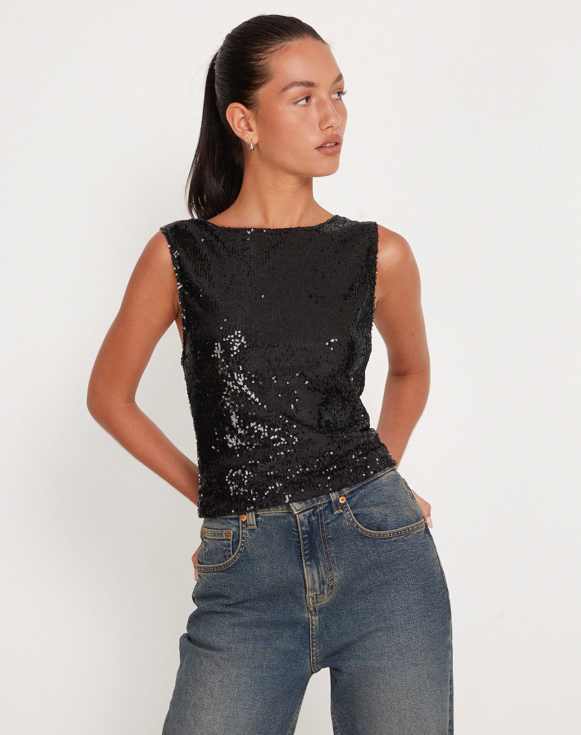 Hala Crop Vest Top in Black Sequin-Nico Sky