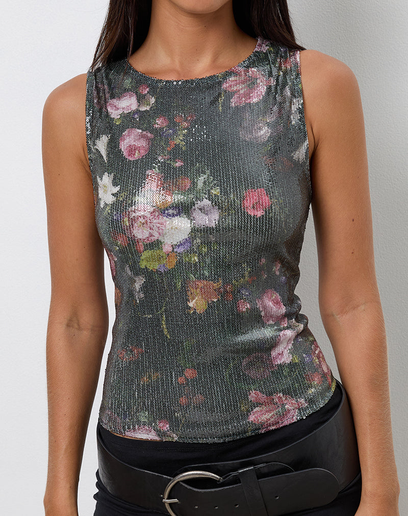 Hala Vest Top in Sequin Vintage Flower-Nico Sky