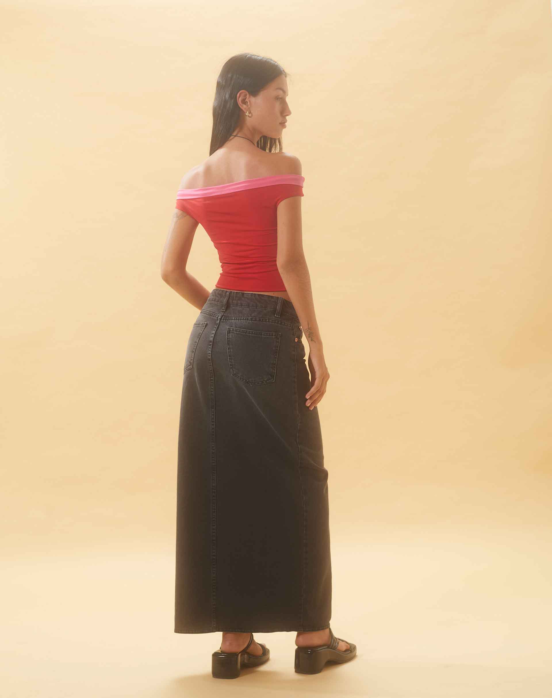 Low Rise Denim Maxi Skirt in Vintage Black-Nico Sky