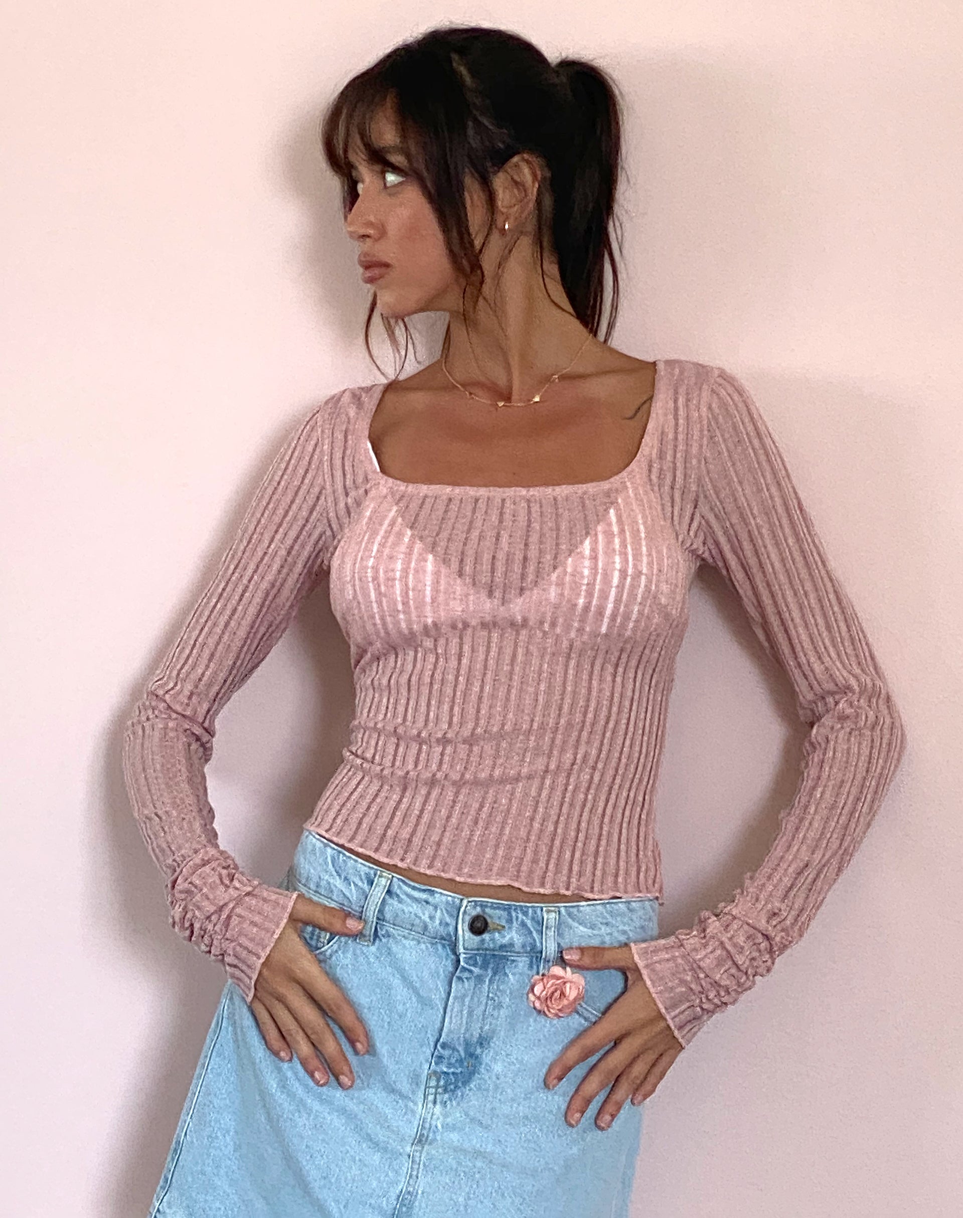 Halsey Knitted Extra Long Sleeve Top in Pink-Nico Sky