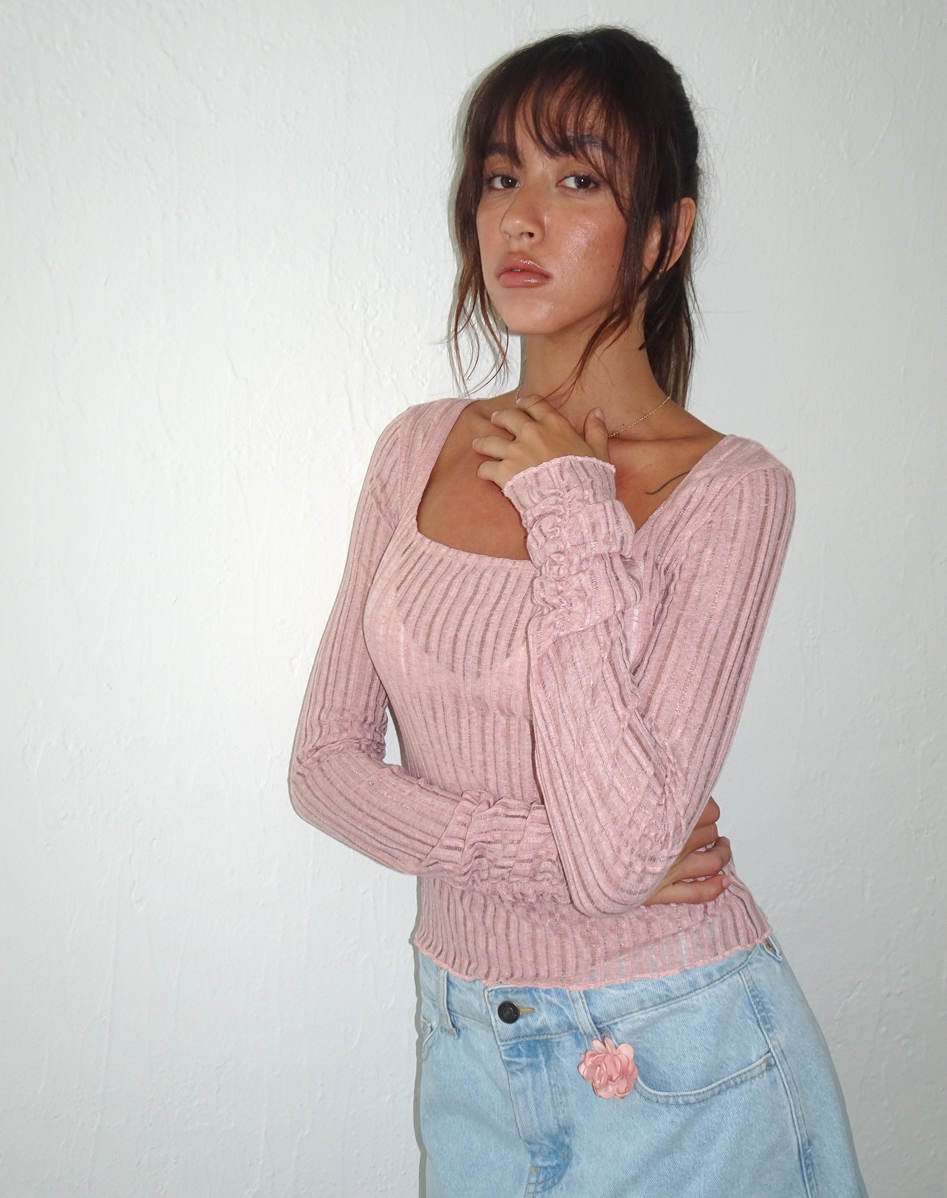 Halsey Knitted Extra Long Sleeve Top in Pink-Nico Sky