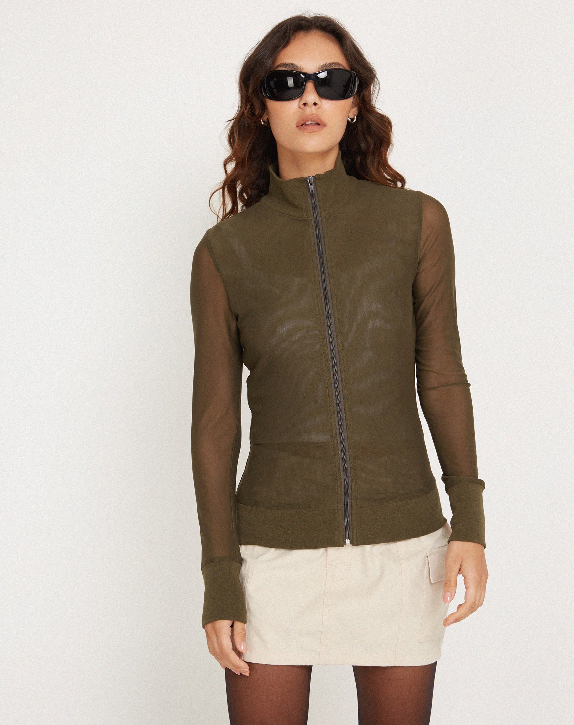 Hanbin Zip Up Jumper in Mesh Olive-Nico Sky