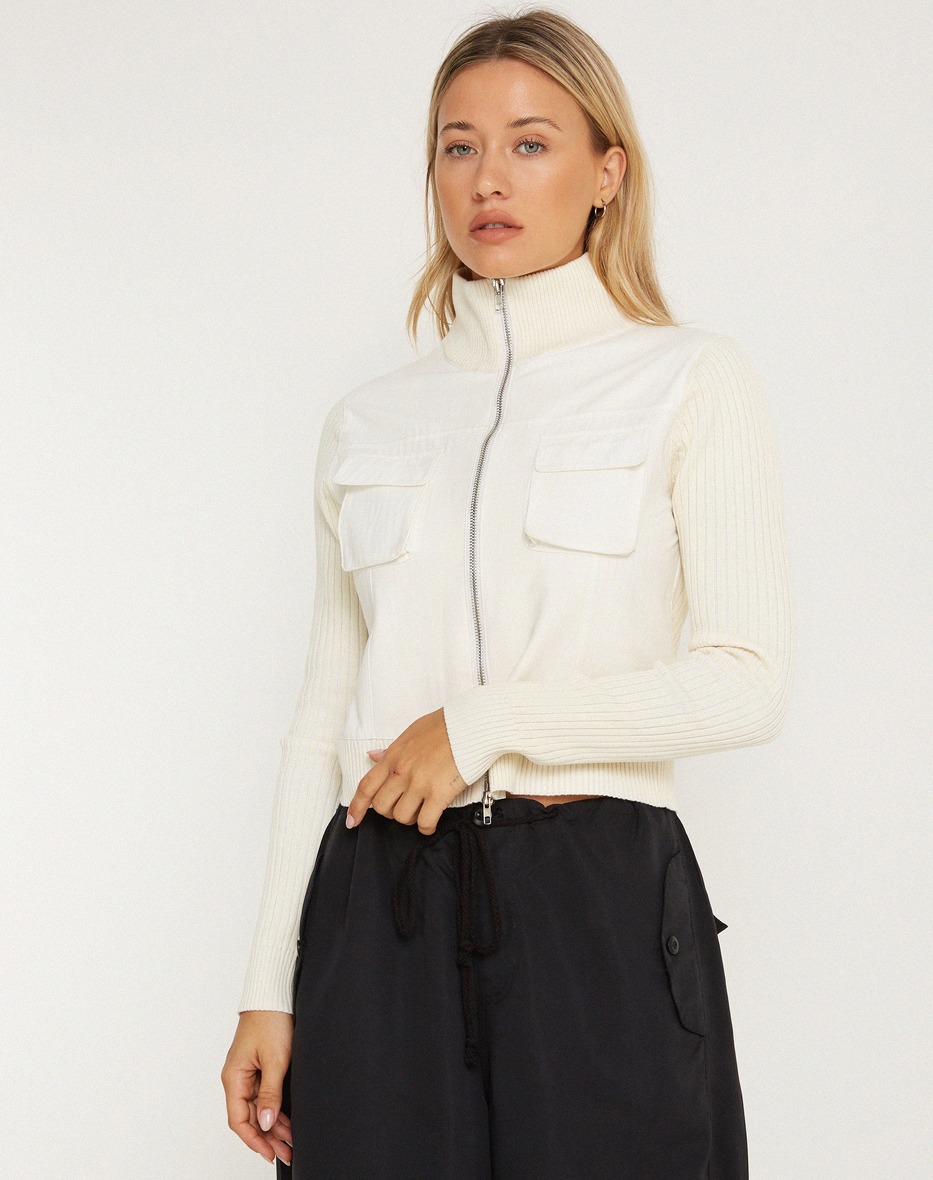 Hansol Zip Up Cardi in Ivory-Nico Sky