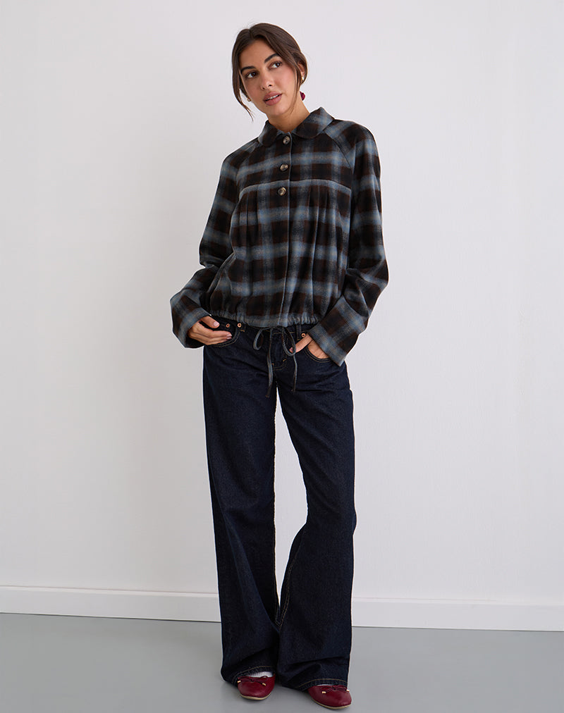 Harana Collar Jacket in Blue and Brown Check-Nico Sky