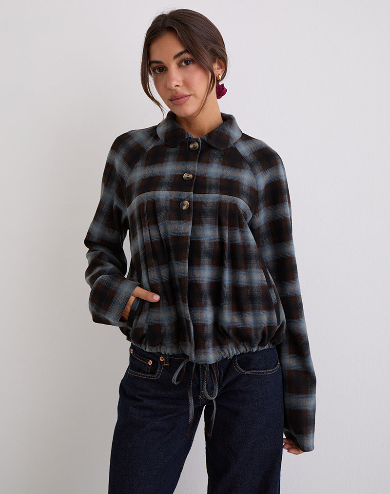 Harana Collar Jacket in Blue and Brown Check-Nico Sky