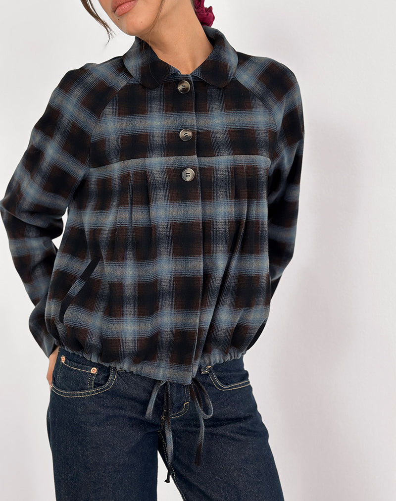 Harana Collar Jacket in Blue and Brown Check-Nico Sky