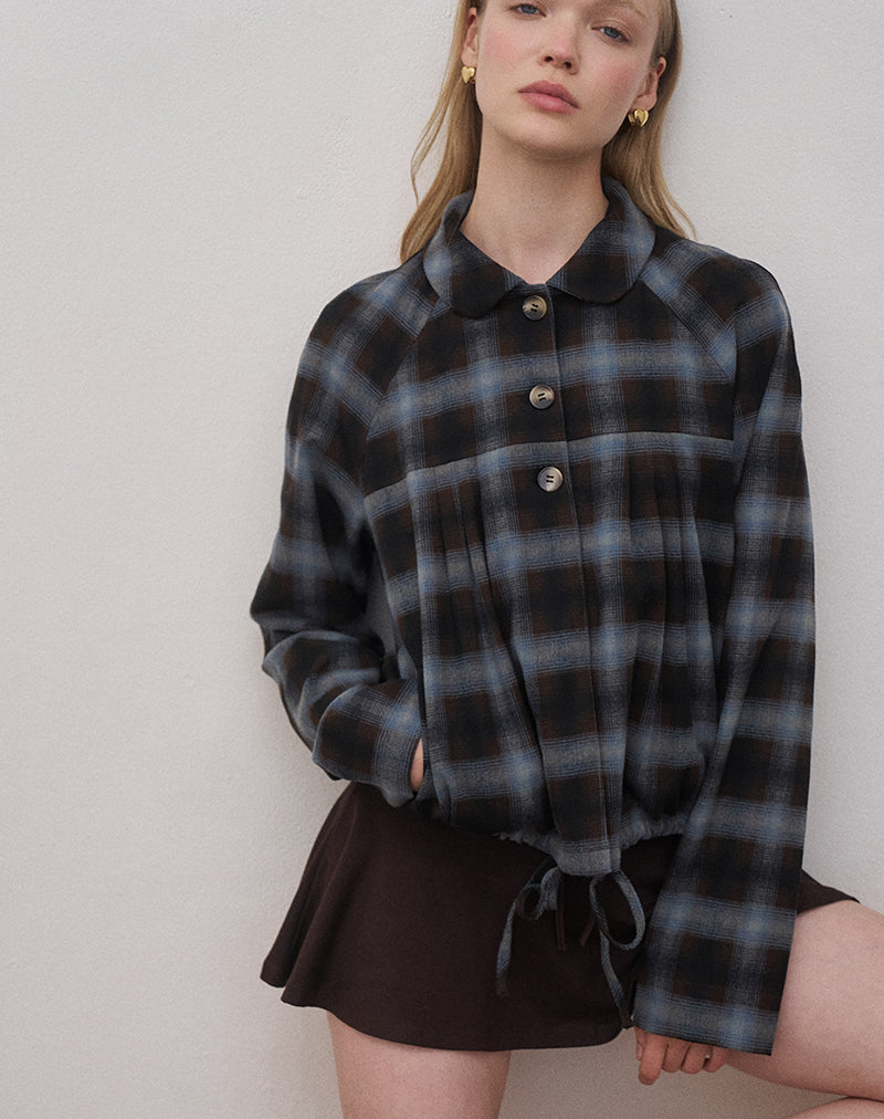 Harana Collar Jacket in Blue and Brown Check-Nico Sky