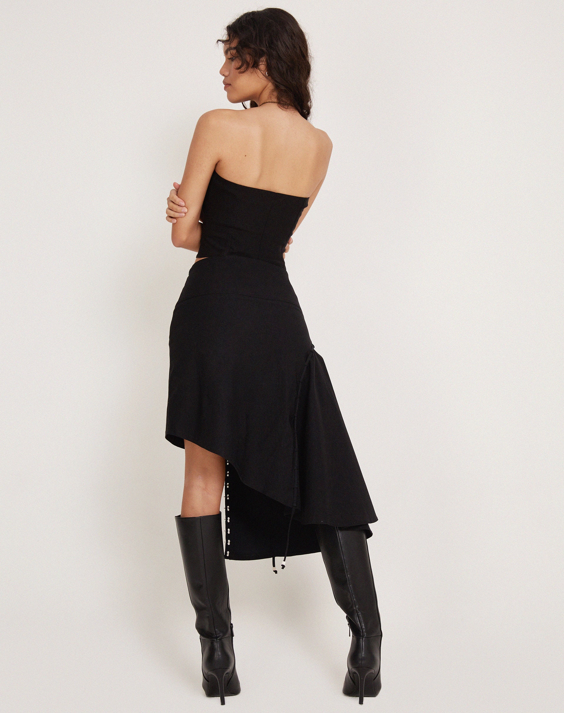 Carlisia Asymmetrical Midi Skirt in Black-Nico Sky