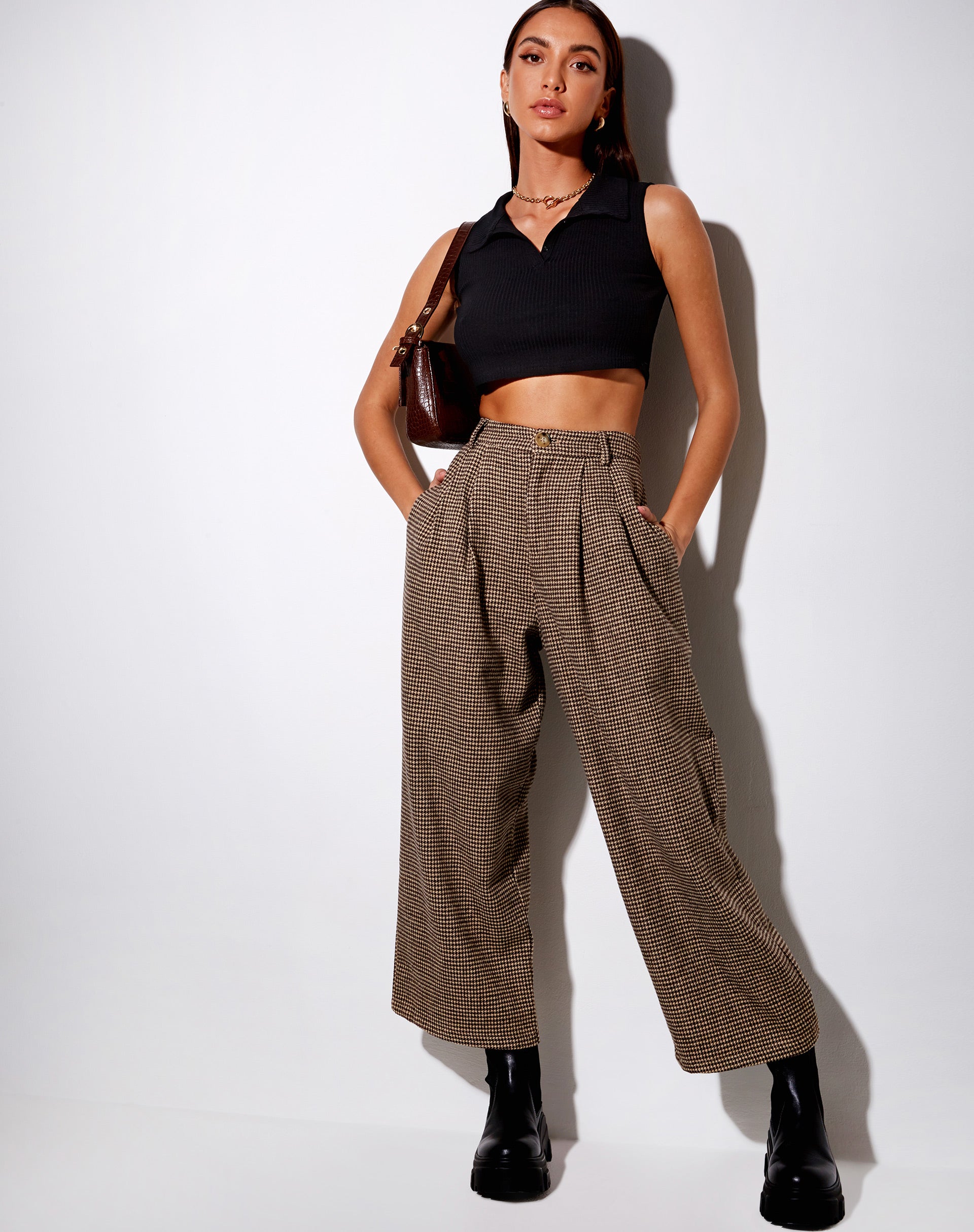 Hatta Culotte Trouser in Houndstooth Brown-Nico Sky