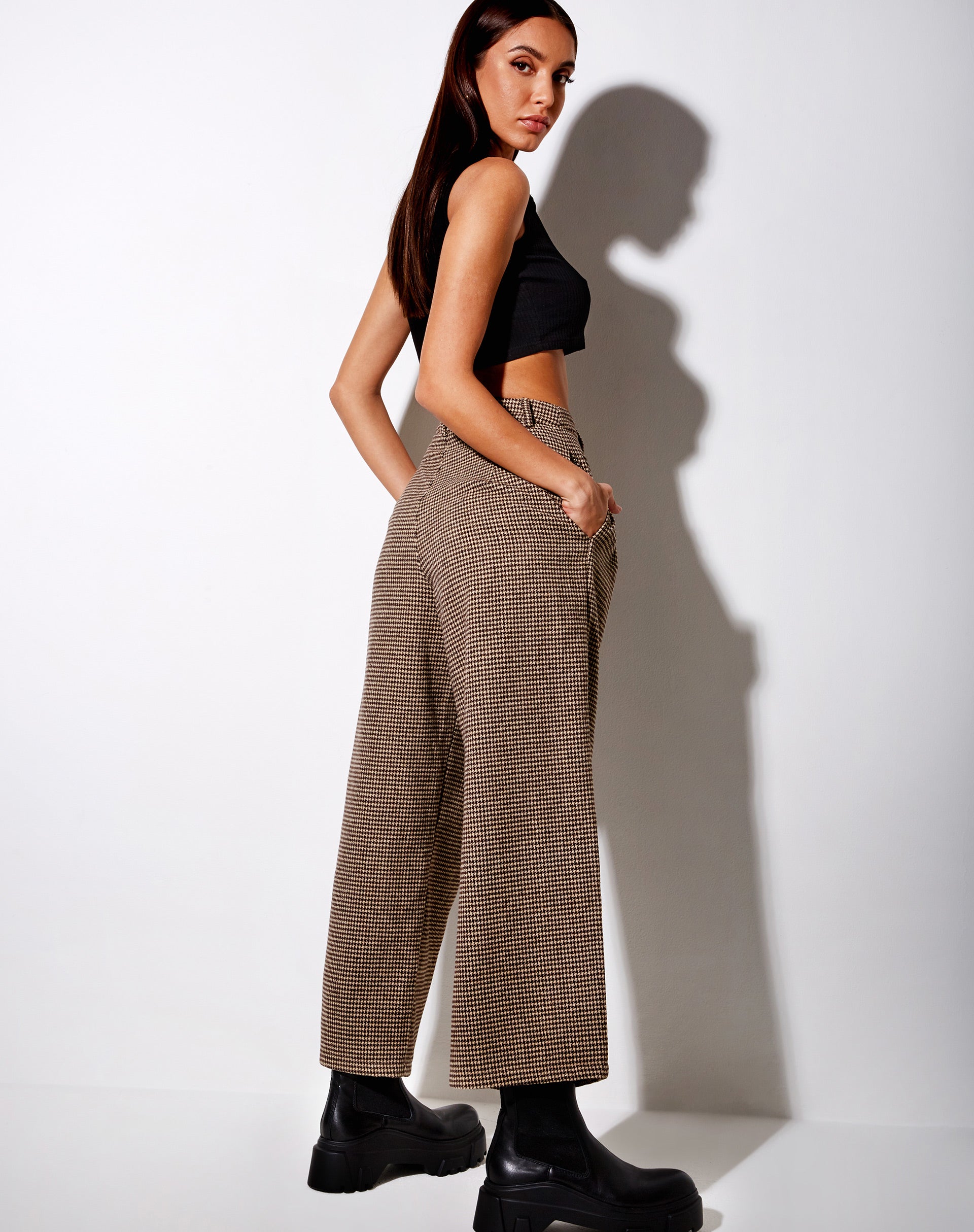 Hatta Culotte Trouser in Houndstooth Brown-Nico Sky