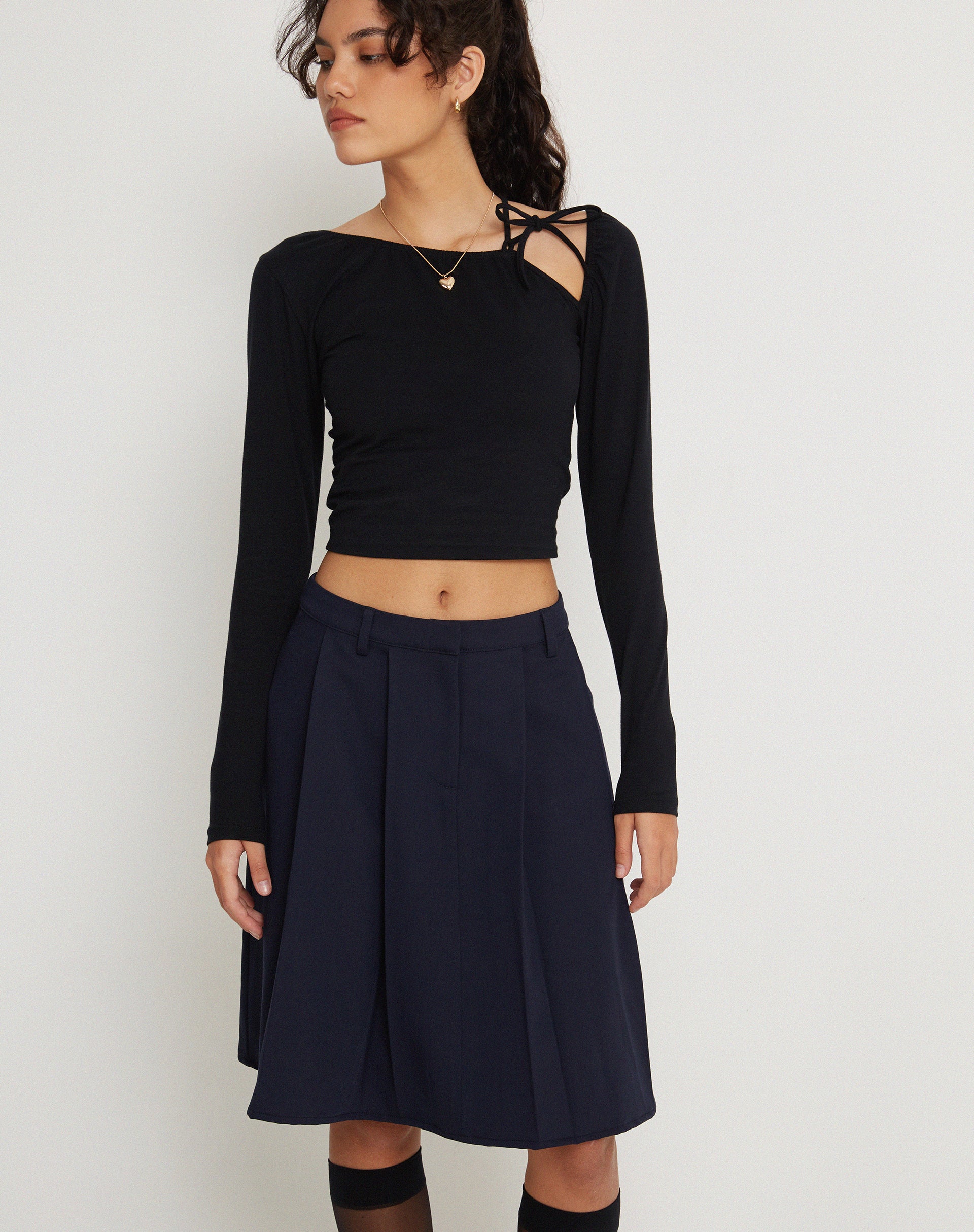 Colette Pleated Knee Length Skirt in Navy-Nico Sky