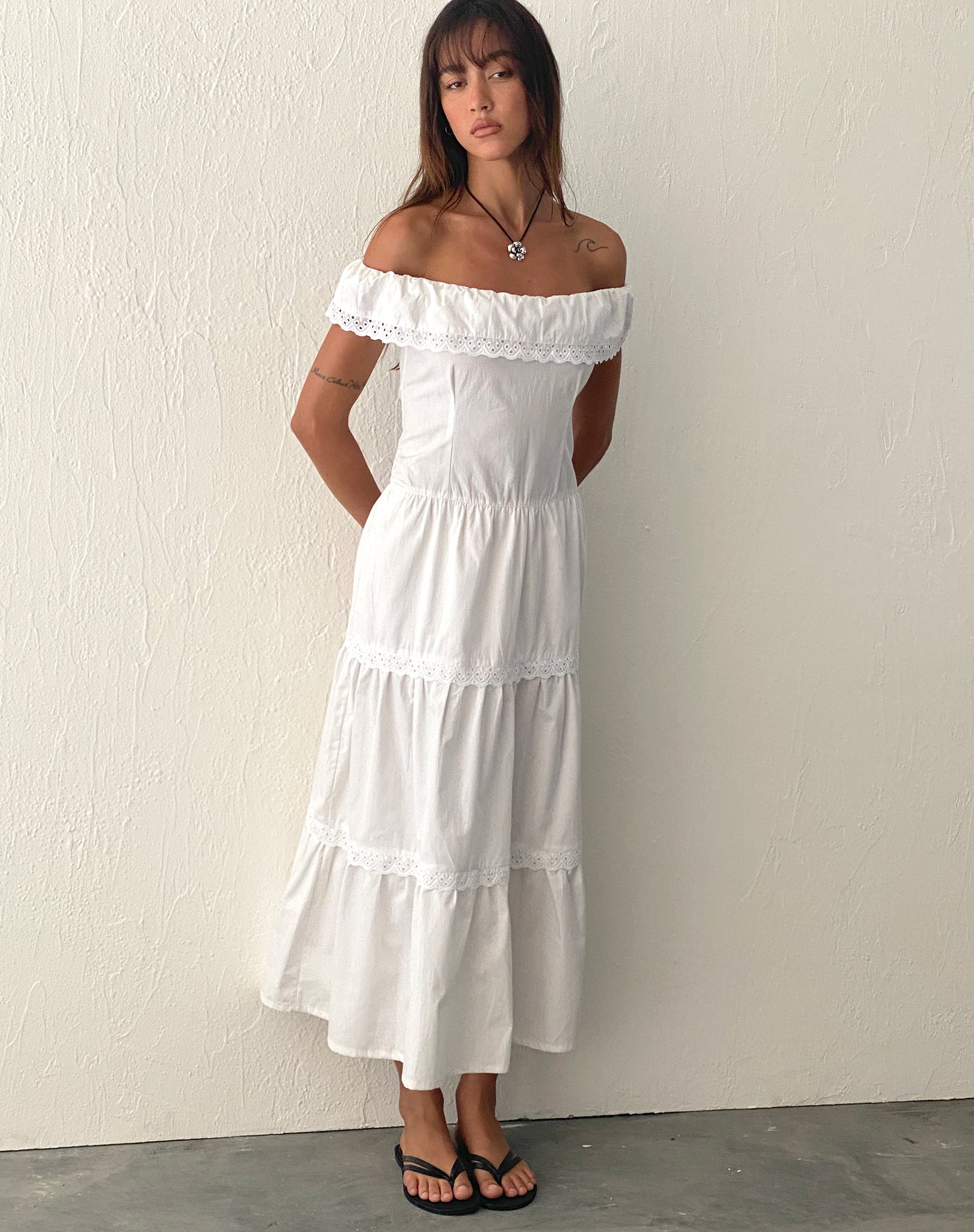 Helpa Tiered Bardot Maxi Dress in White-Nico Sky