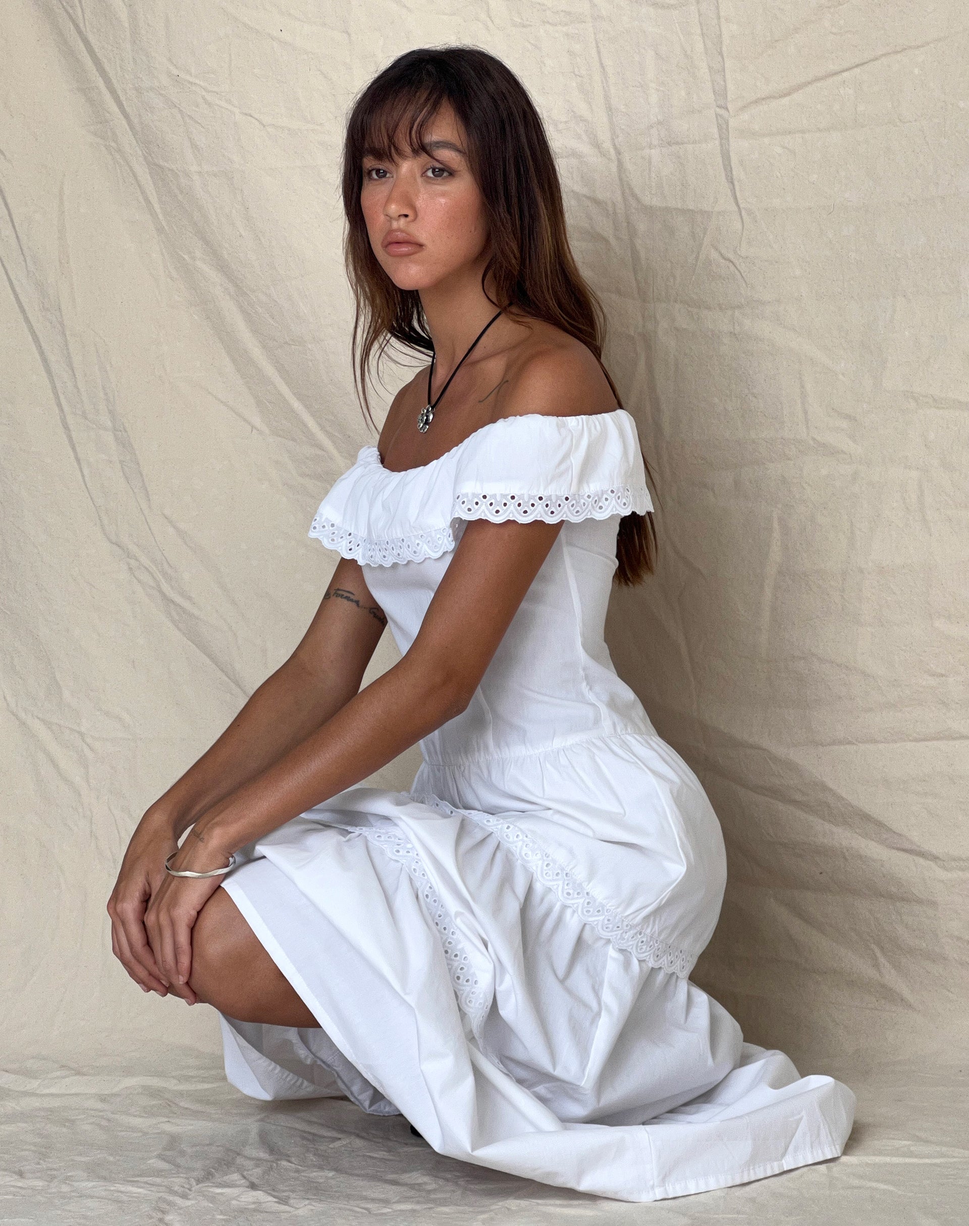 Helpa Tiered Bardot Maxi Dress in White-Nico Sky
