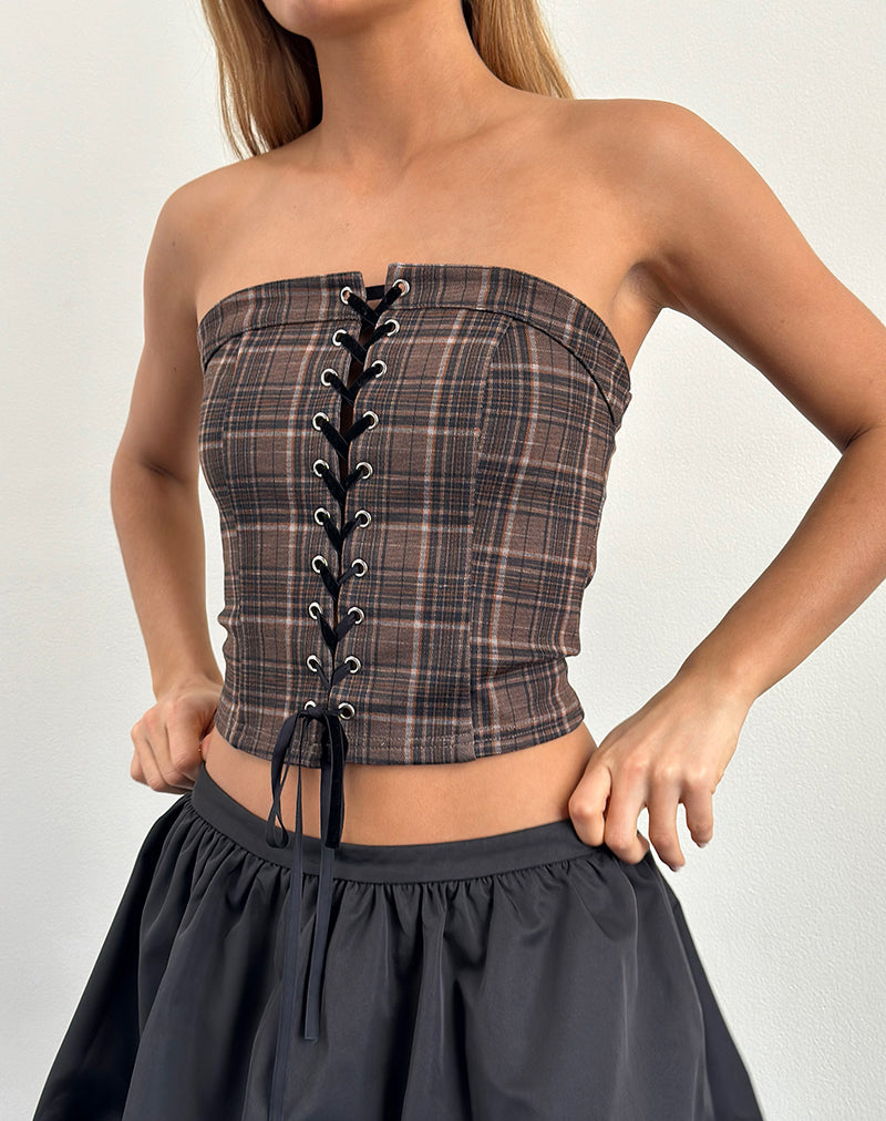 Heska Lace Front Corset Top in Brown Check-Nico Sky