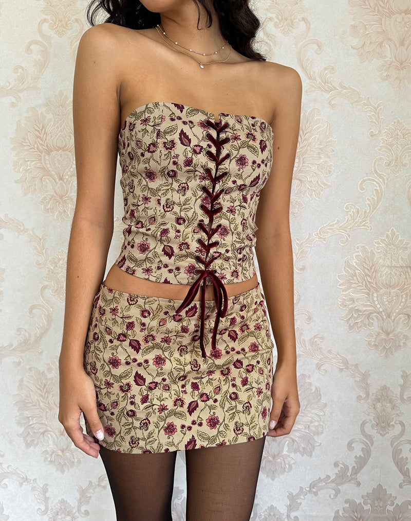 Bebeka Micro Mini Skirt in Botanical Taupe-Nico Sky
