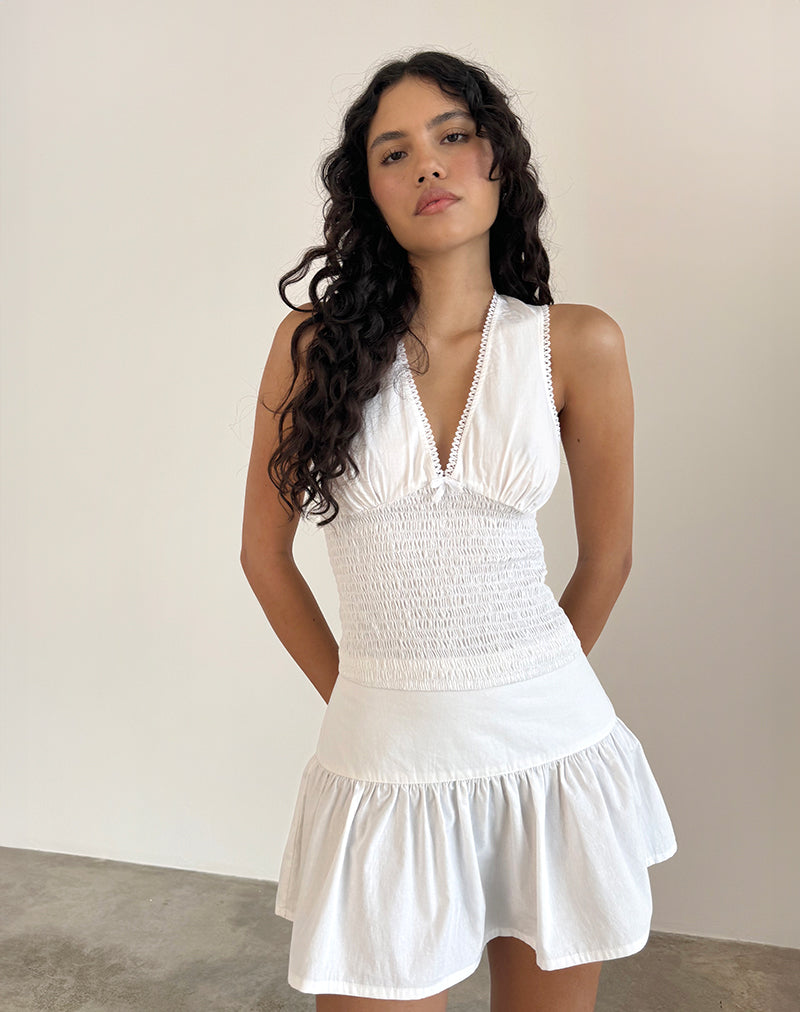 Hevalis Plunge Shirred Top in Poplin White-Nico Sky