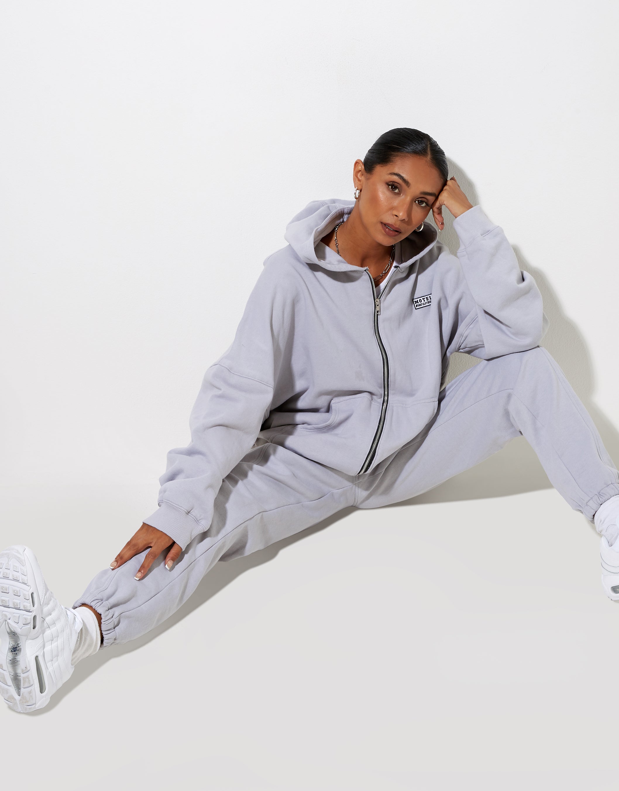 Hollack Hoodie in Lunar Rock with Motel Work Clothing Label Embro-Nico Sky