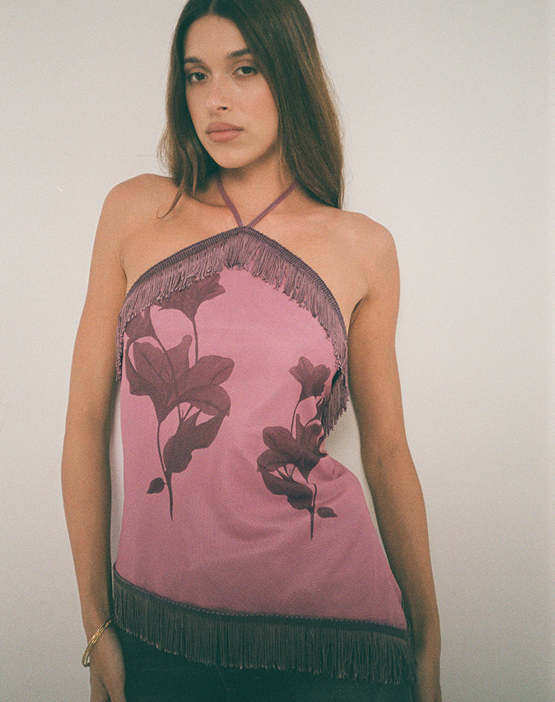 Howard Fringe Top in Tonal Flower Mauve-Nico Sky