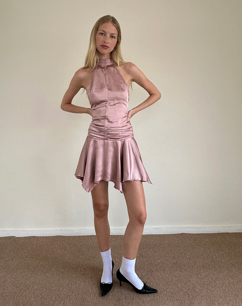 Hydri Satin Halterneck Mini Dress in Baby Pink-Nico Sky