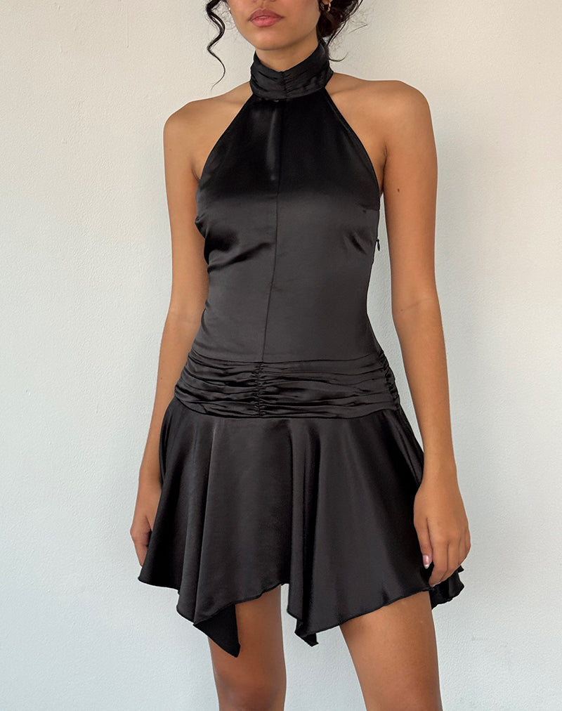 Hydri Satin Halterneck Mini Dress in Black-Nico Sky