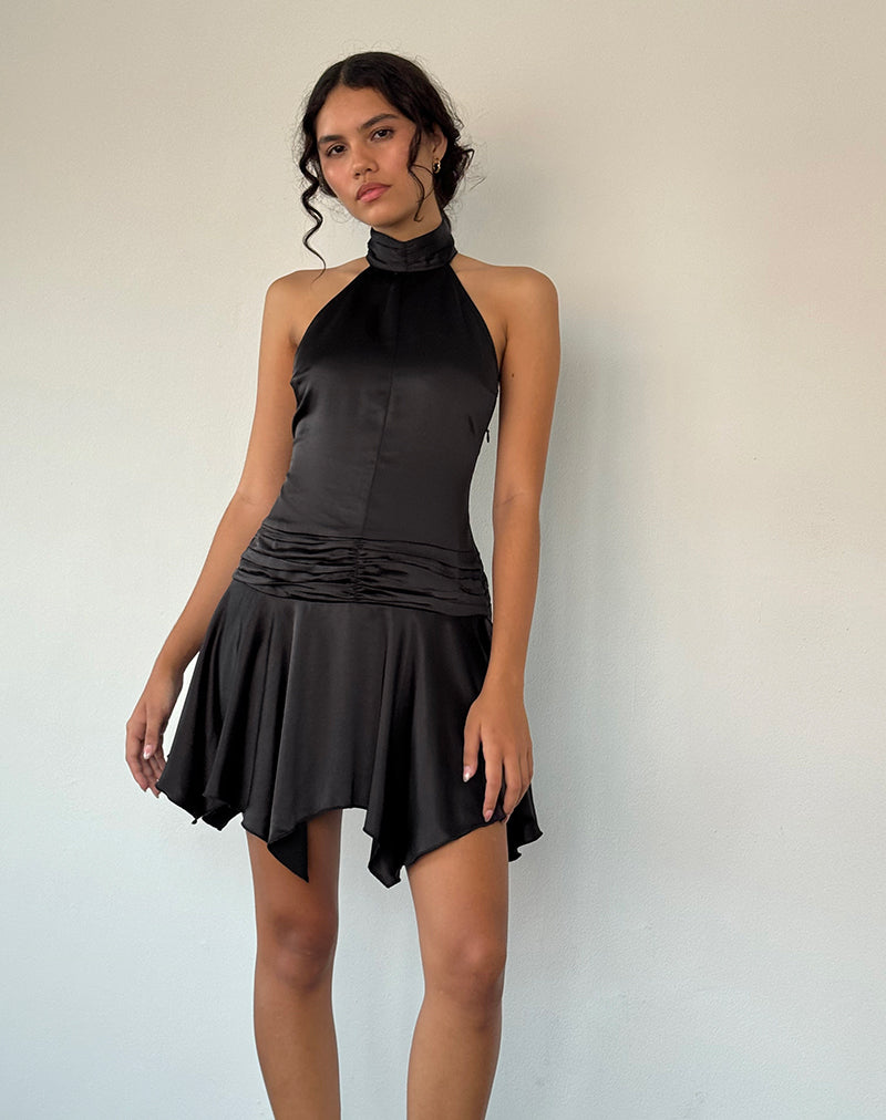 Hydri Satin Halterneck Mini Dress in Black-Nico Sky