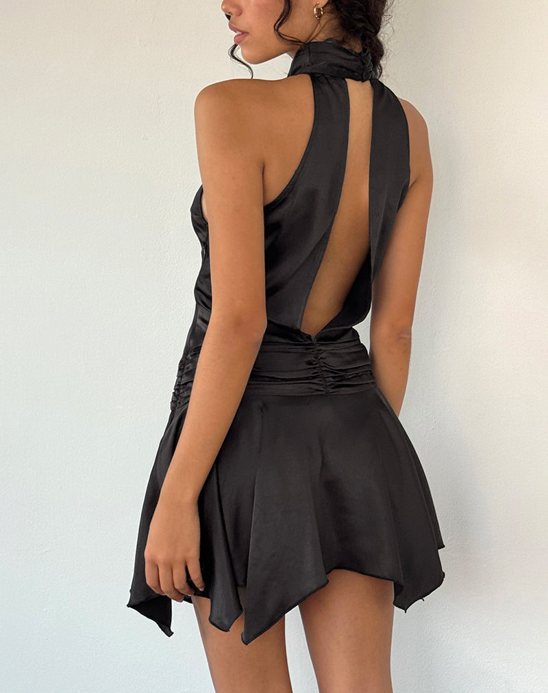Hydri Satin Halterneck Mini Dress in Black-Nico Sky
