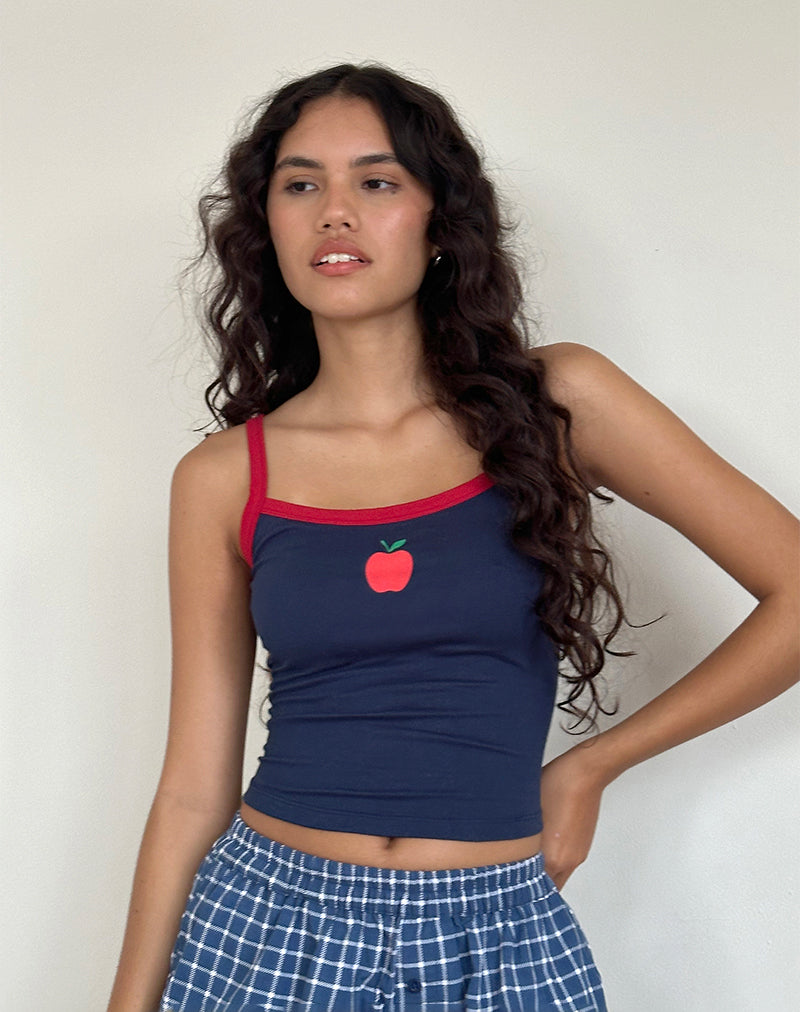 Icah Vest Top in Navy with Red Binding and Apple Motif-Nico Sky