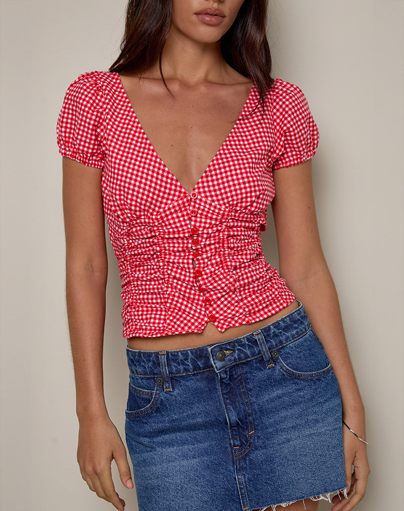Ilase Ruched Blouse in Red Gingham-Nico Sky