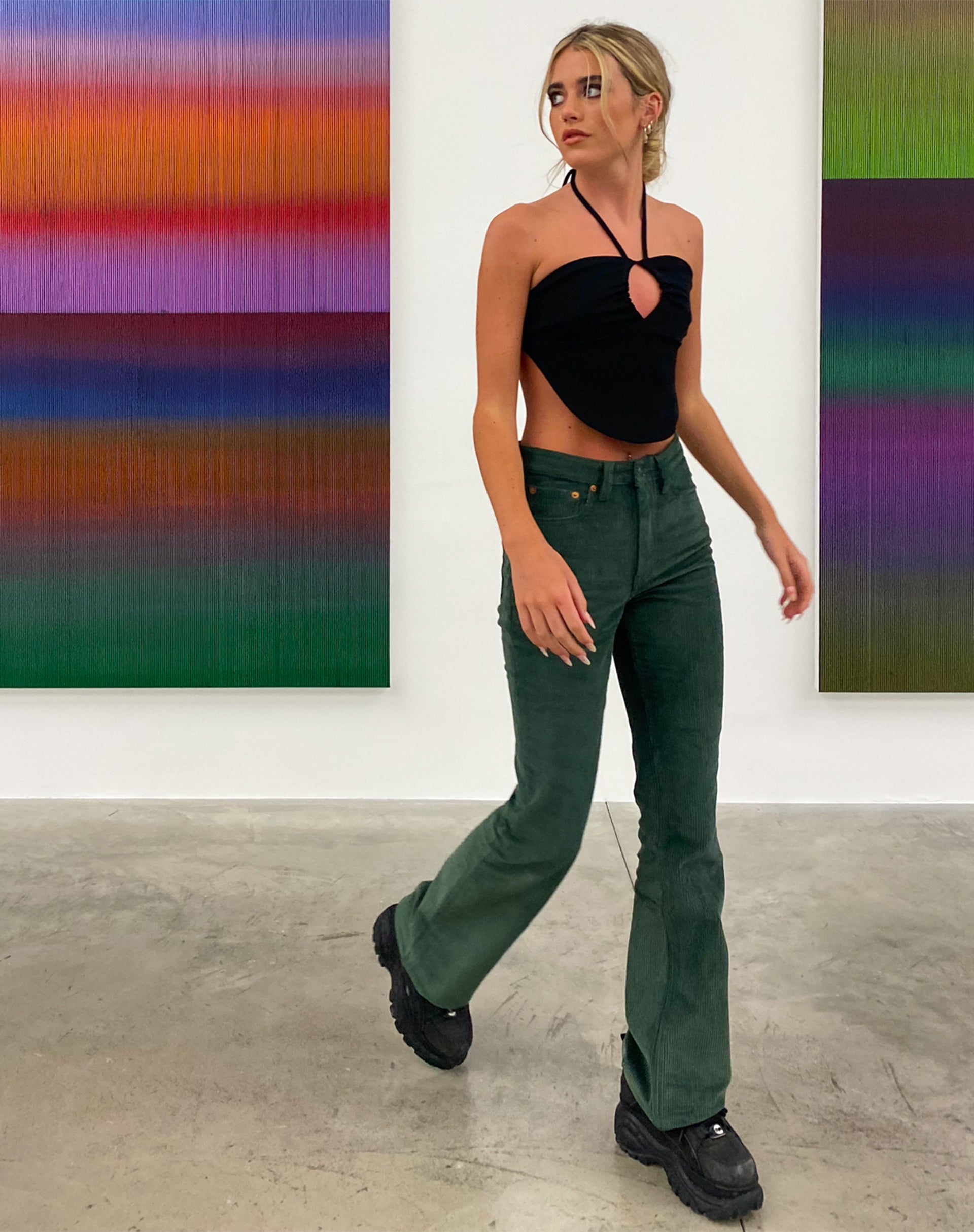 MOTEL X OLIVIA NEILL Bootleg Jeans in Cord Green-Nico Sky