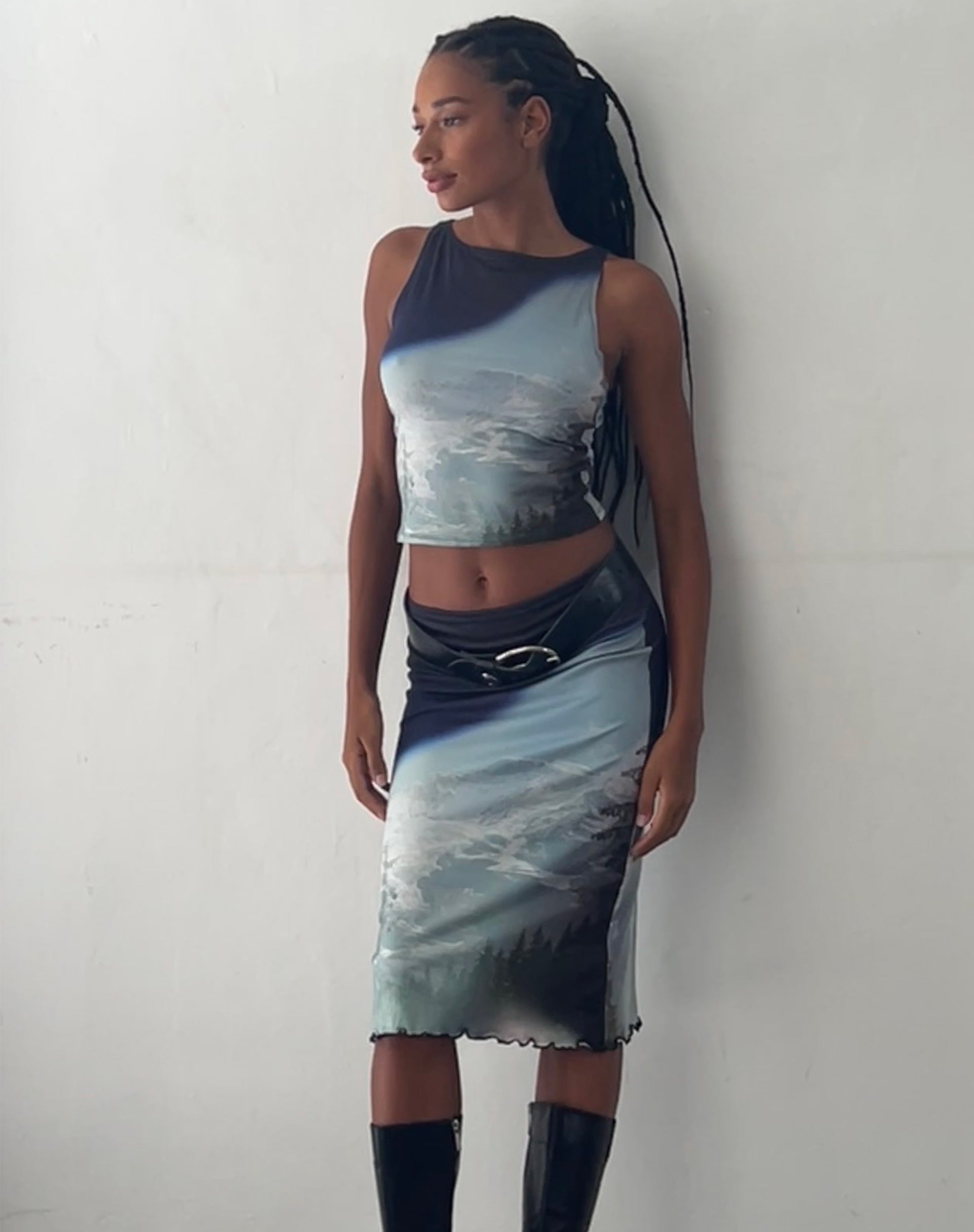Rambi Vest Crop Top in Abstract Landscape Collage-Nico Sky