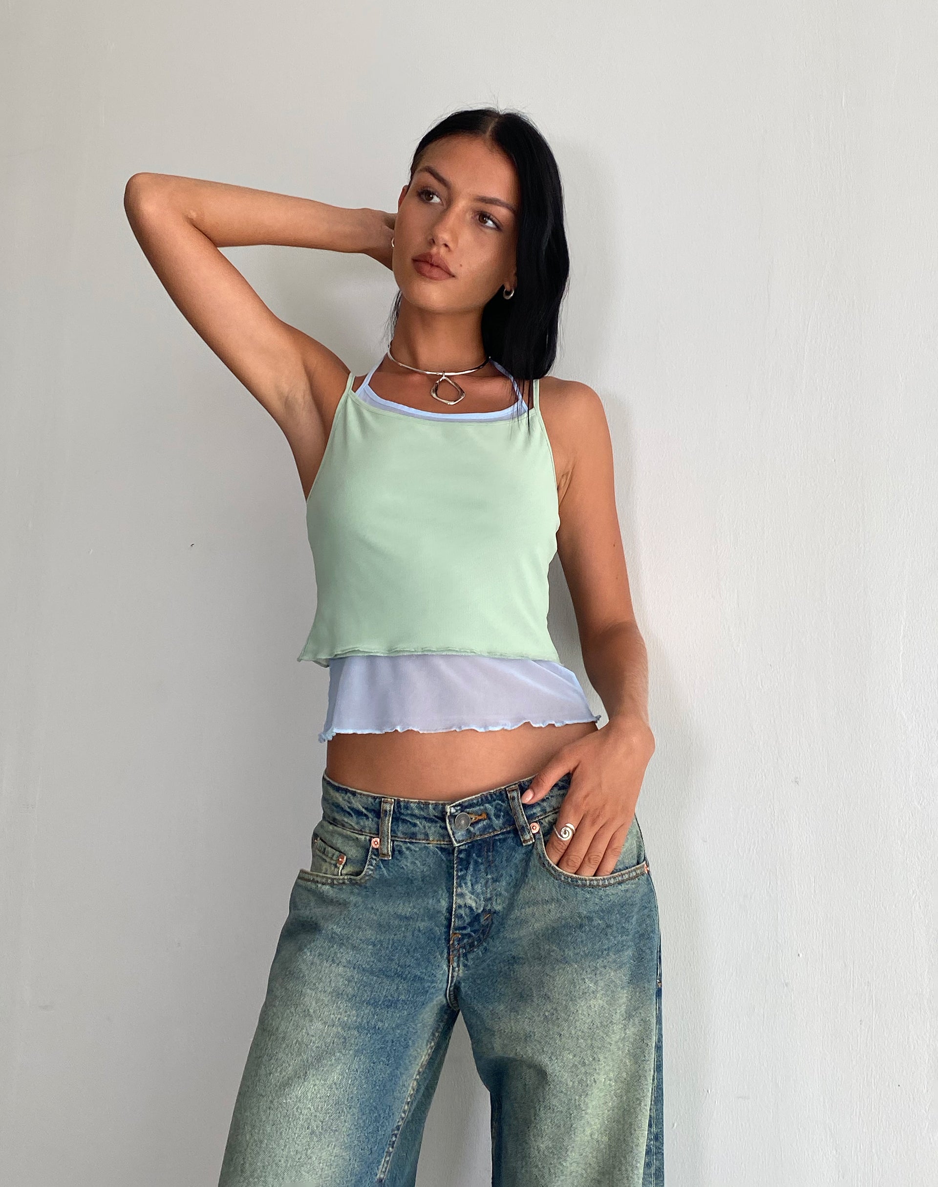 Sapphi Double Layered Cami Top in Frost Blue and Sage Green-Nico Sky