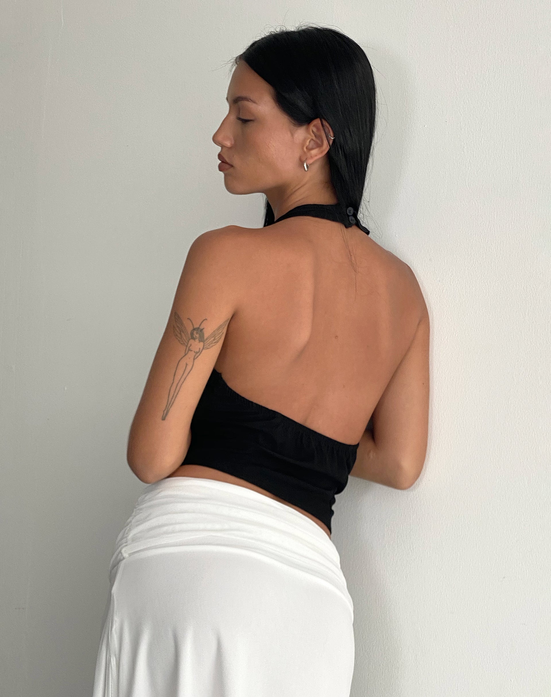 Aysu Ruffle Detail Halterneck Top in Black-Nico Sky