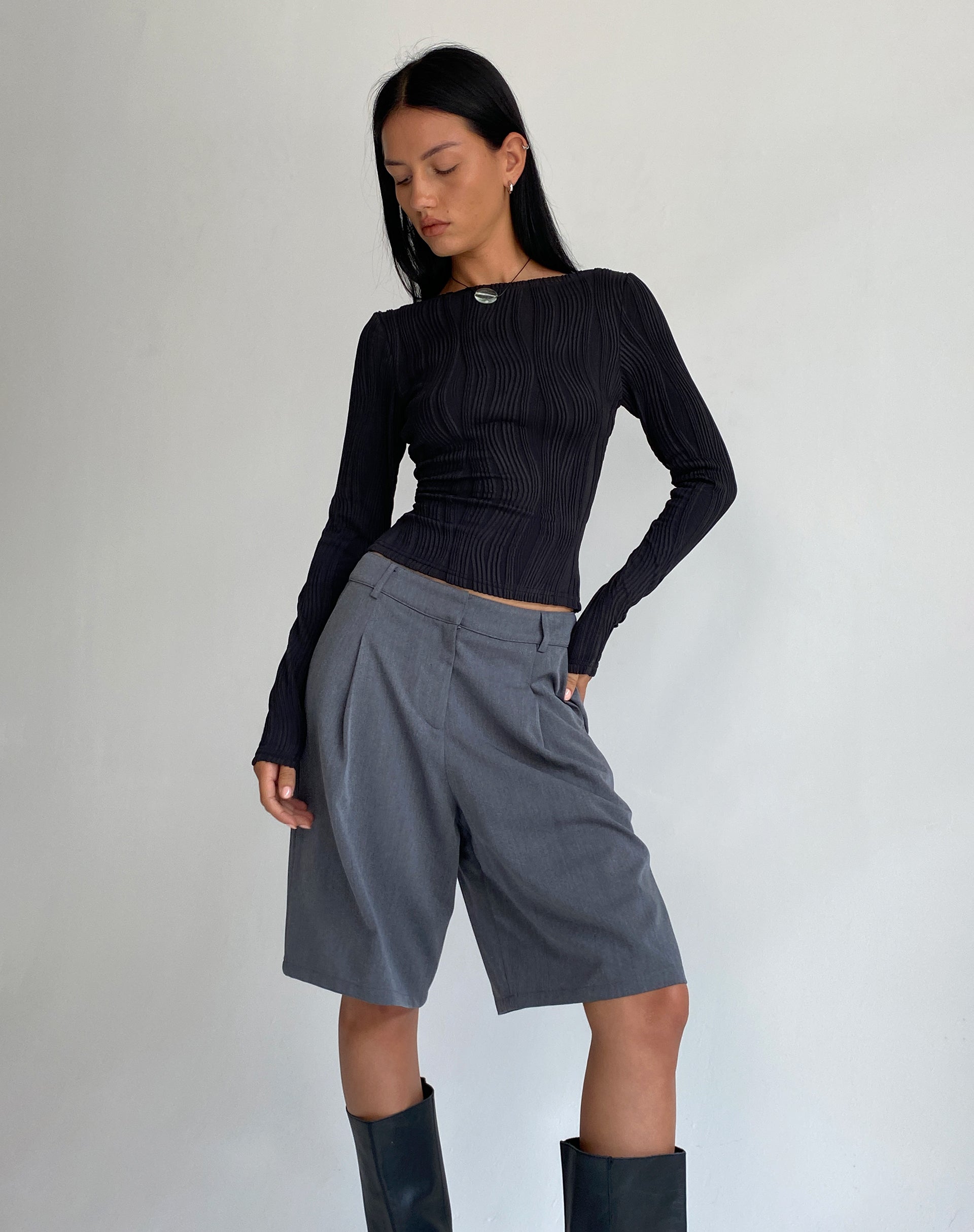 Amabon Long Sleeve Crop Top in Crinkle Black-Nico Sky