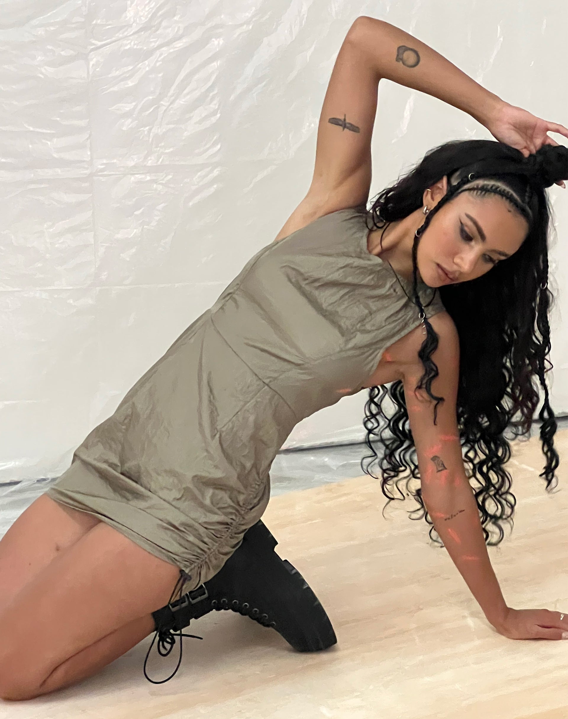 Ajime Mini Dress in Parachute Silver Green-Nico Sky