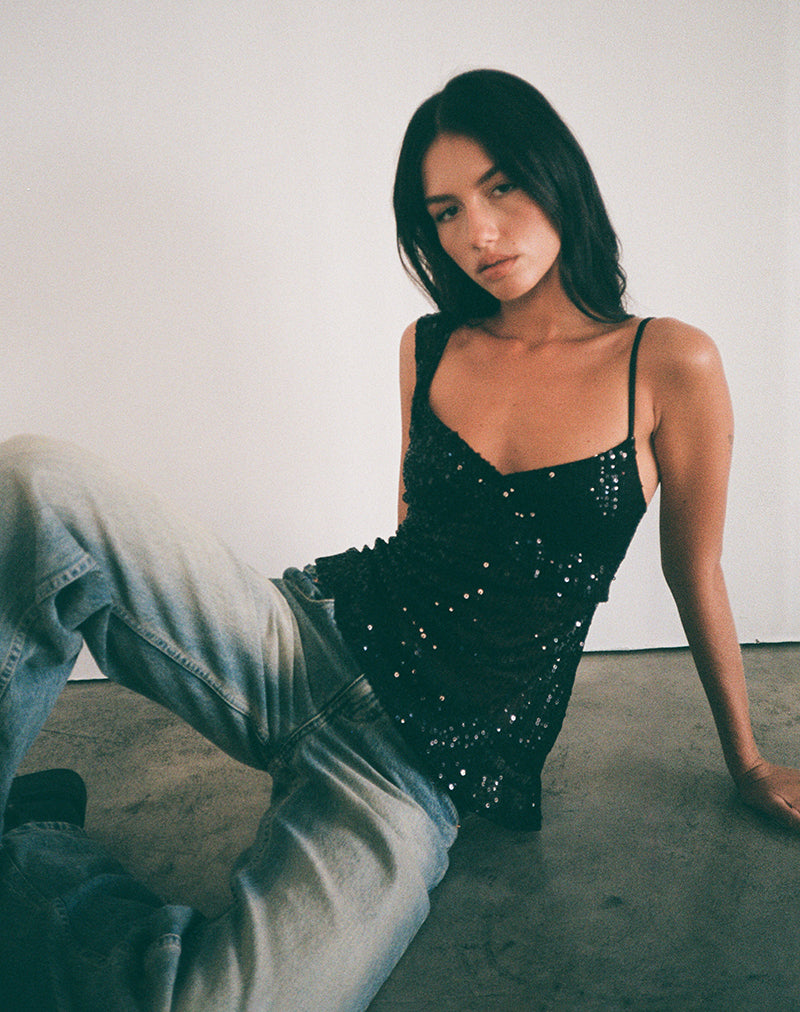 Iranila Asymmetric Top in Gauzy Sequin Black-Nico Sky