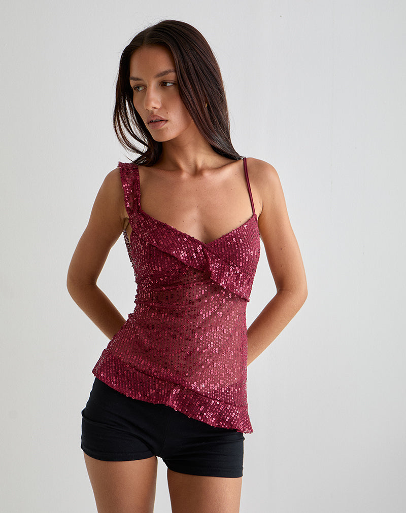 Iranila Asymmetric Top in Gauzy Sequin Red-Nico Sky