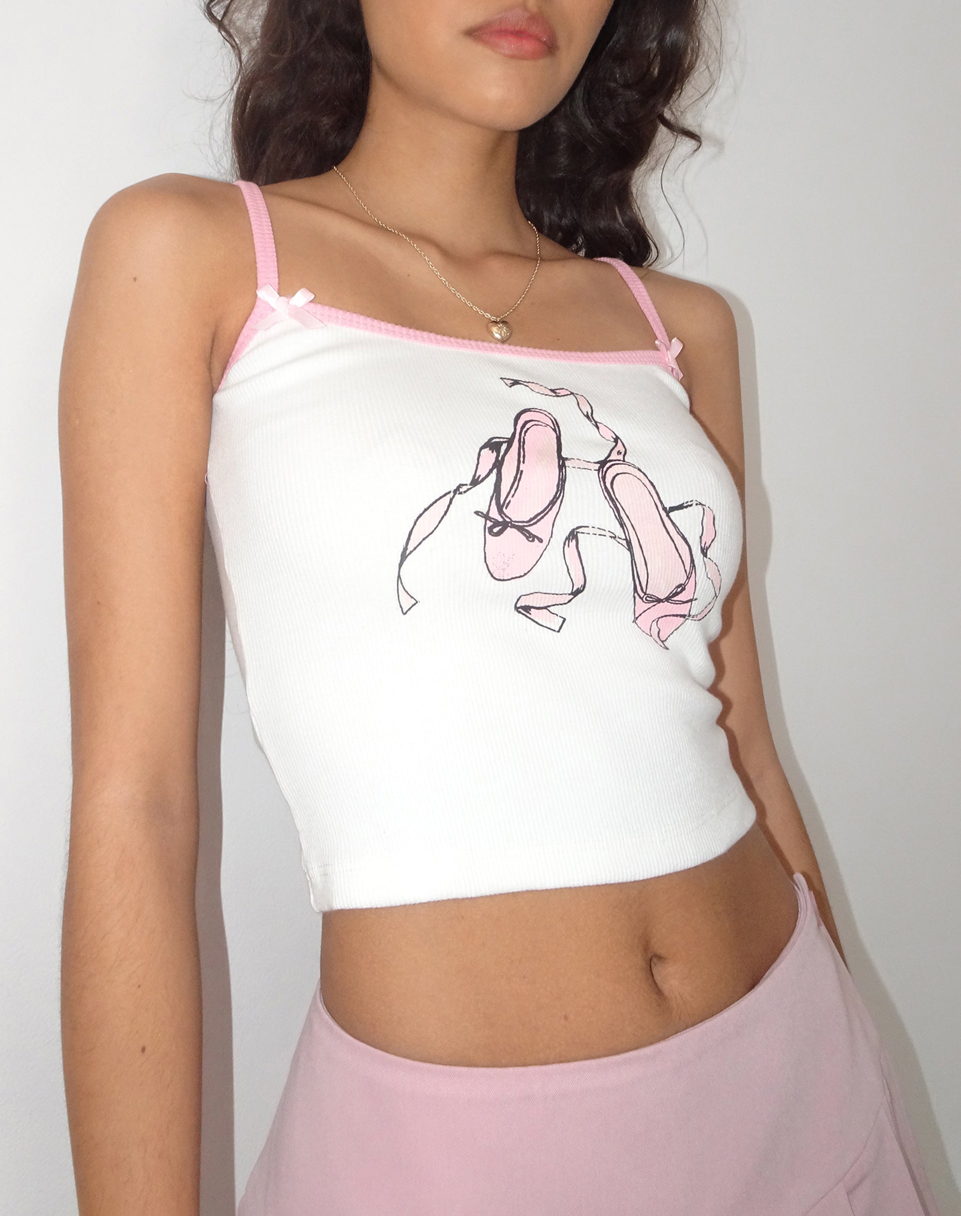 Islay Vest Top in White with Ballet Shoe Print-Nico Sky