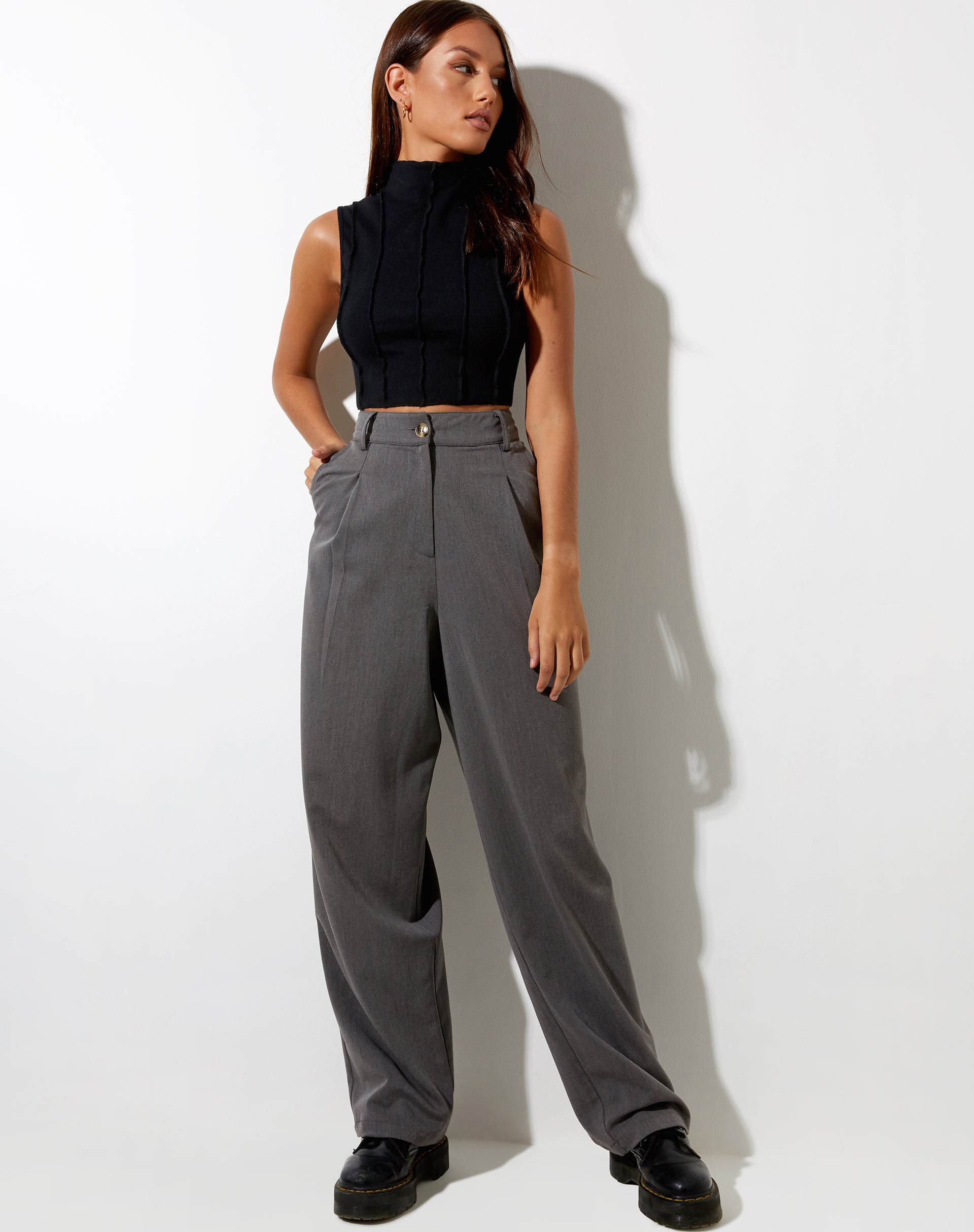 Ivy Vest Top in Rib Black with Black Stitching-Nico Sky