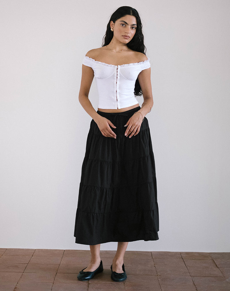 Izumi Tiered Midi Skirt in Poplin Black-Nico Sky