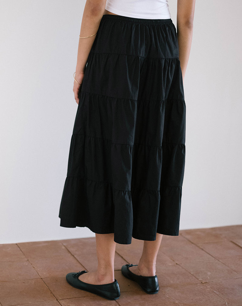 Izumi Tiered Midi Skirt in Poplin Black-Nico Sky