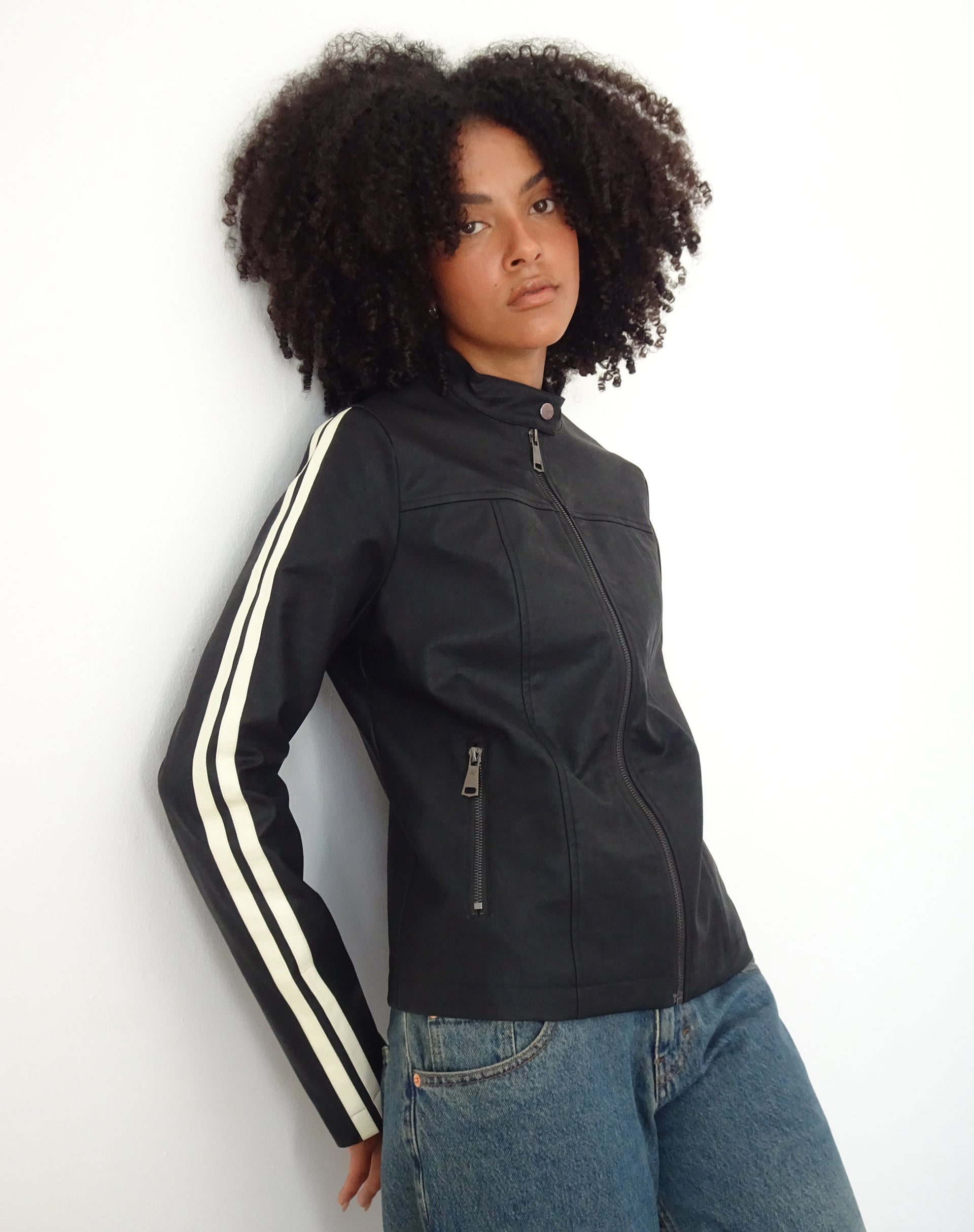 MOTEL X JACQUIE Jacquie Zip Up Biker Jacket in PU Black with White Stripe-Nico Sky