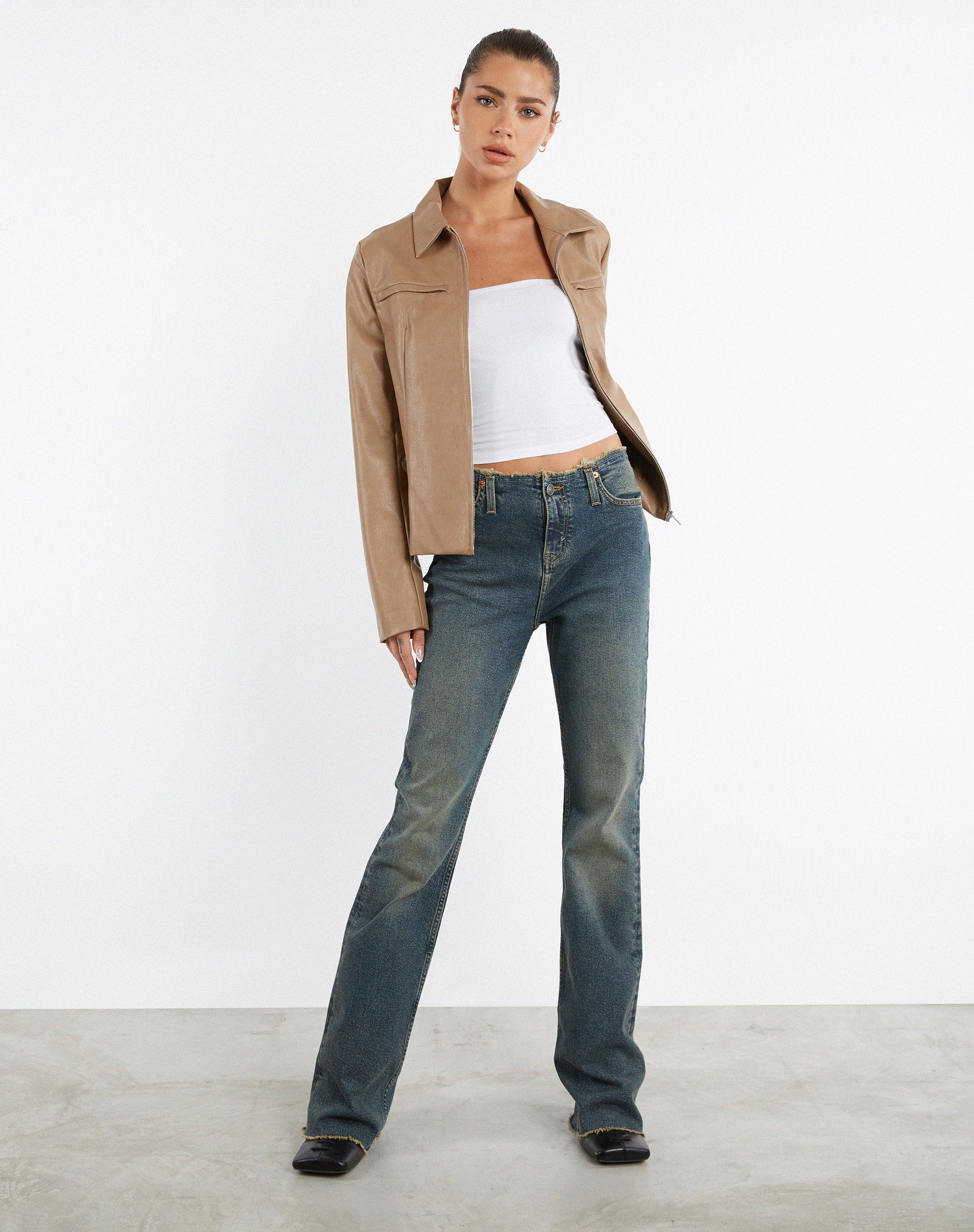 Frayed Low Rise Jeans in Brown and Blue Acid-Nico Sky