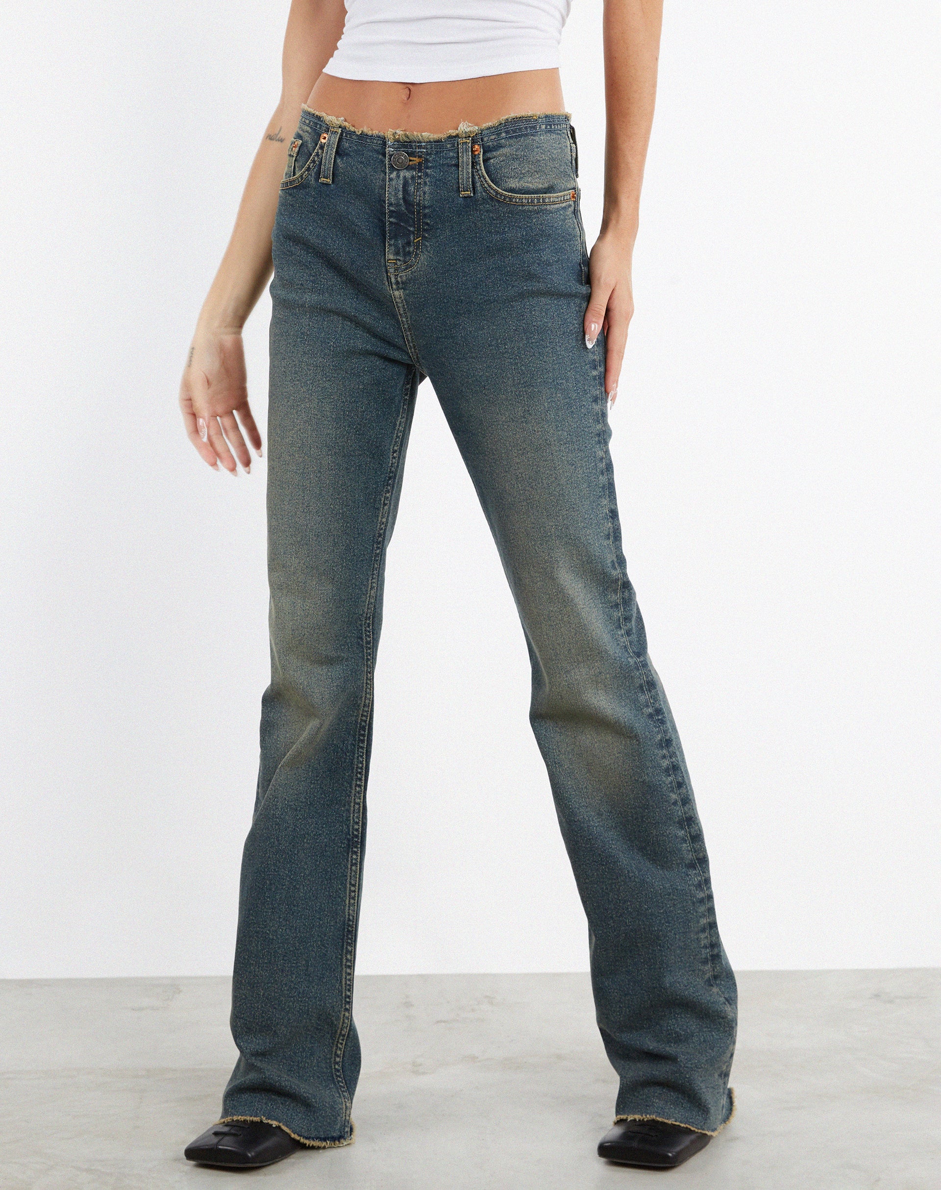 Frayed Low Rise Jeans in Brown and Blue Acid-Nico Sky