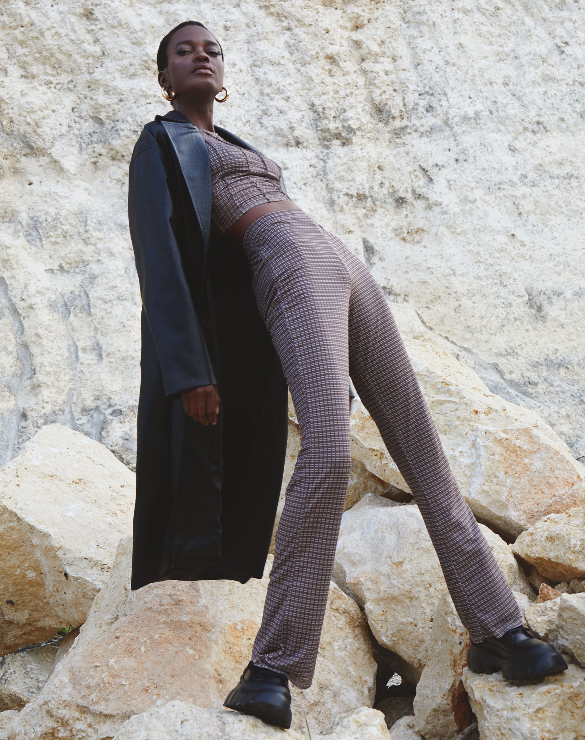 Herly Flare Trouser with Lining in Mini Check Chocolate-Nico Sky