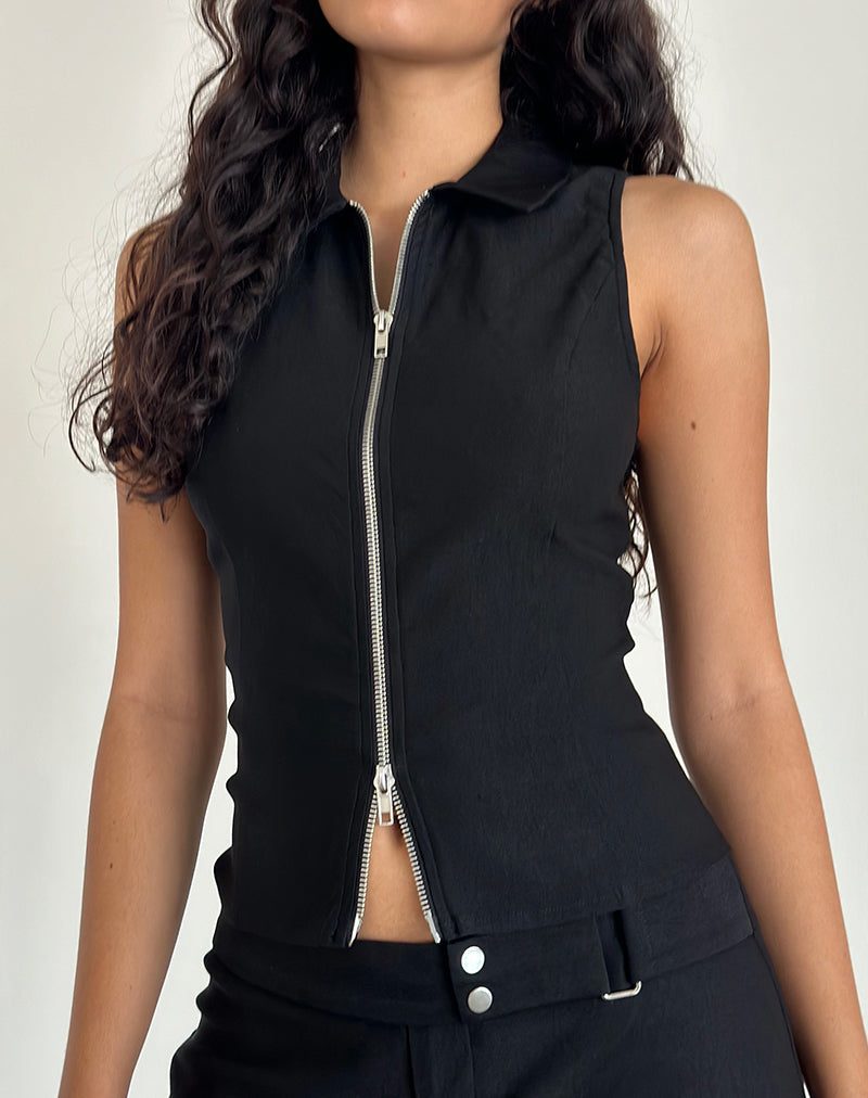 Janae Vest Top in Stretch Tailoring Black-Nico Sky