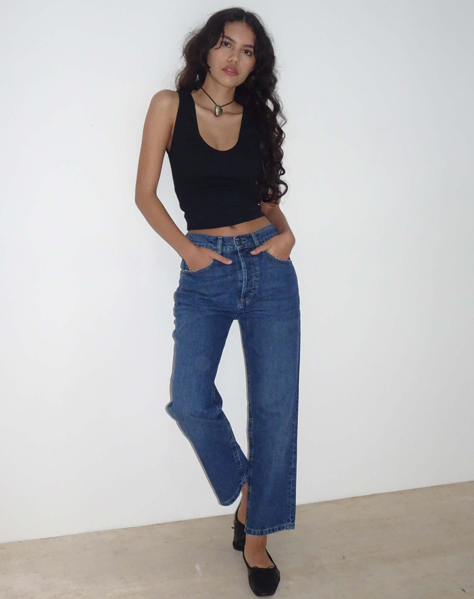 Mid Rise Straight Leg Jeans in Mid Blue Used Denim-Nico Sky